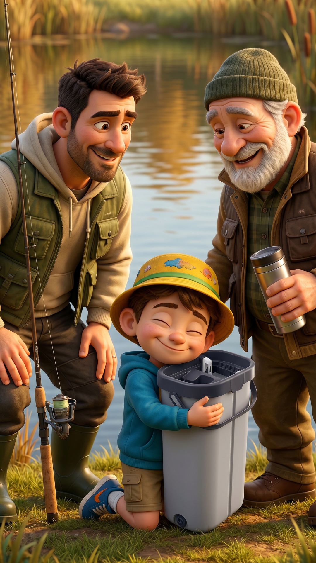 Warm emotional family ending. Father and grandfather laugh warmly while little boy hugs Eltronic ...