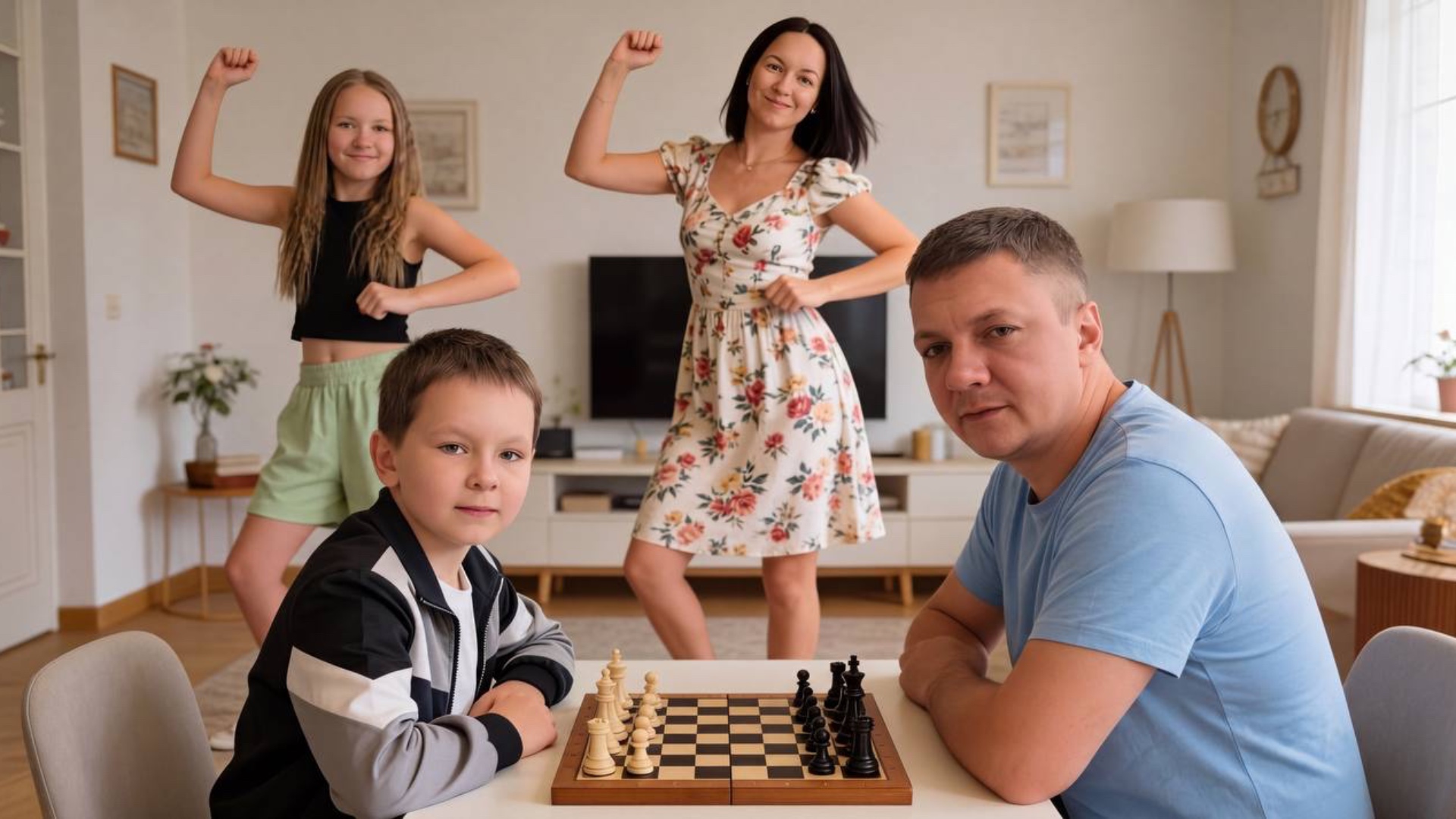 {
  "style":"realistic cinematic live-action",
  "scene":"cozy family living room with chess game...