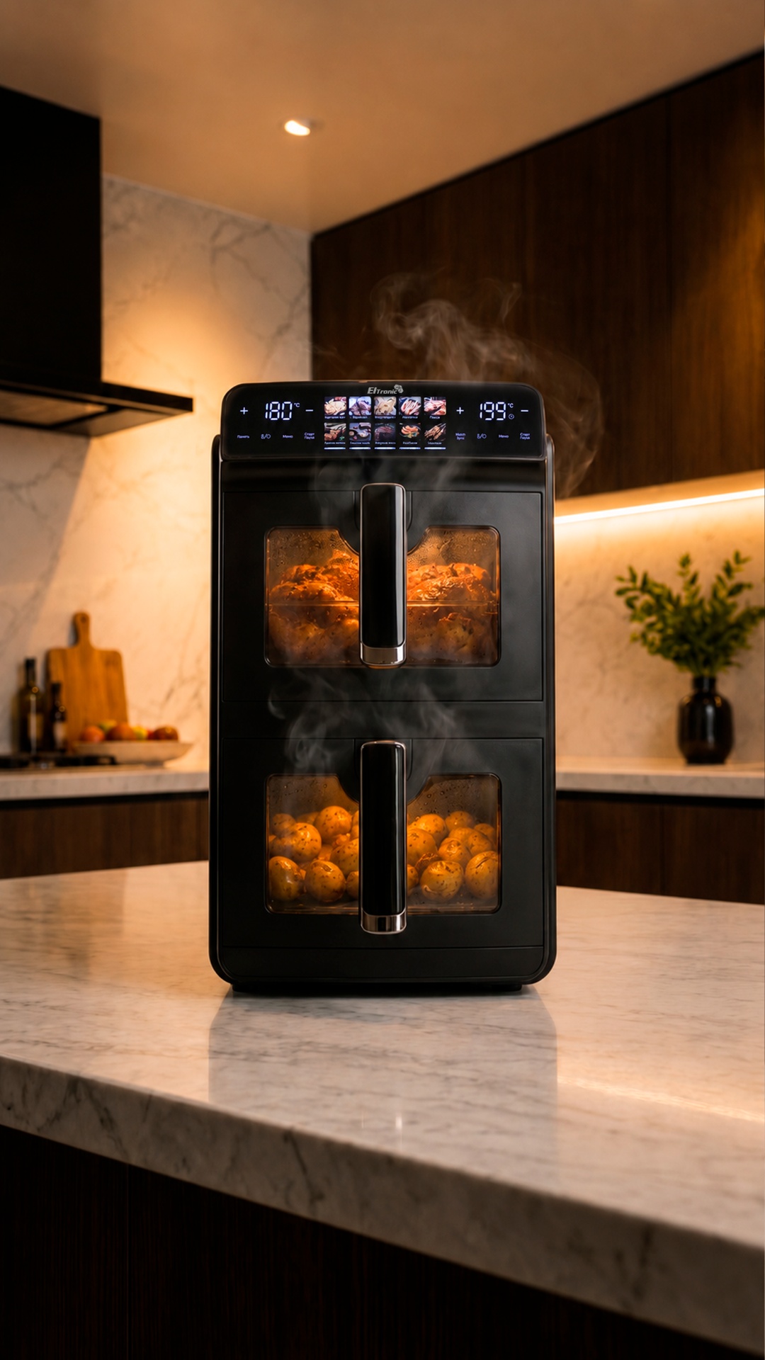 Realistic cinematic video.

The air fryer operates as the hero of the frame.

Steam slowly ri...