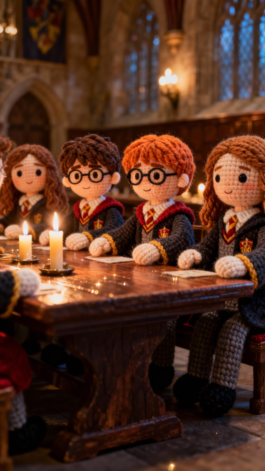 Lunch in the Great Hall with friends   
“Knitted figures of Harry, Ron, Hermione and friends at t...