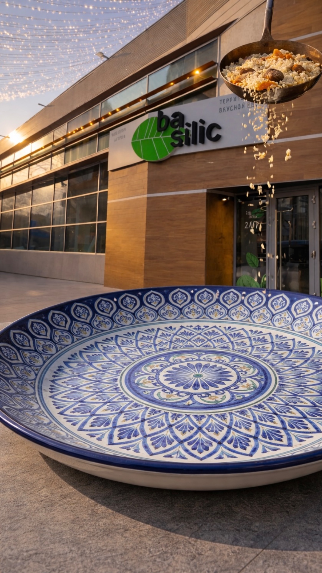 Subject: A giant empty traditional plate and a massive ladle
Context: In front of the "basilic" r...