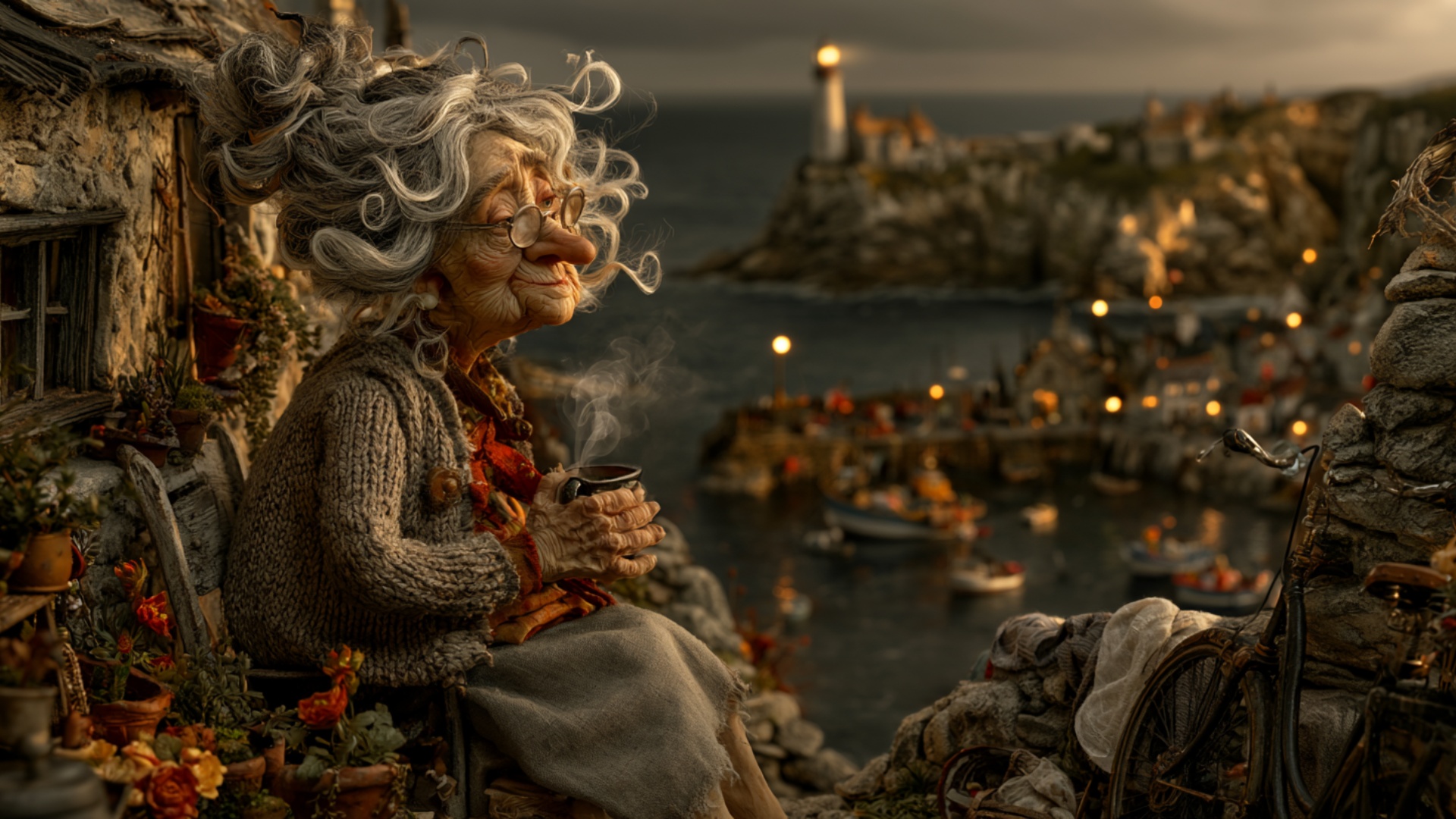 The elderly woman remains seated outside the stone house, holding the steaming cup securely with ...