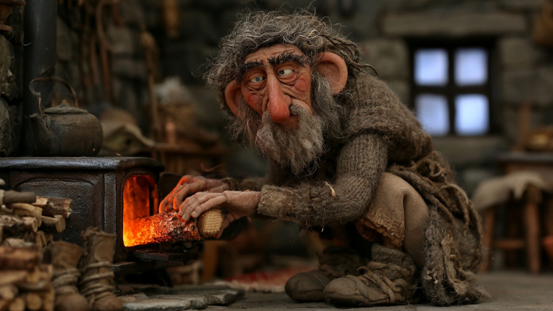 The elderly man pushes the log fully into the open stove with both hands and releases it onto the...