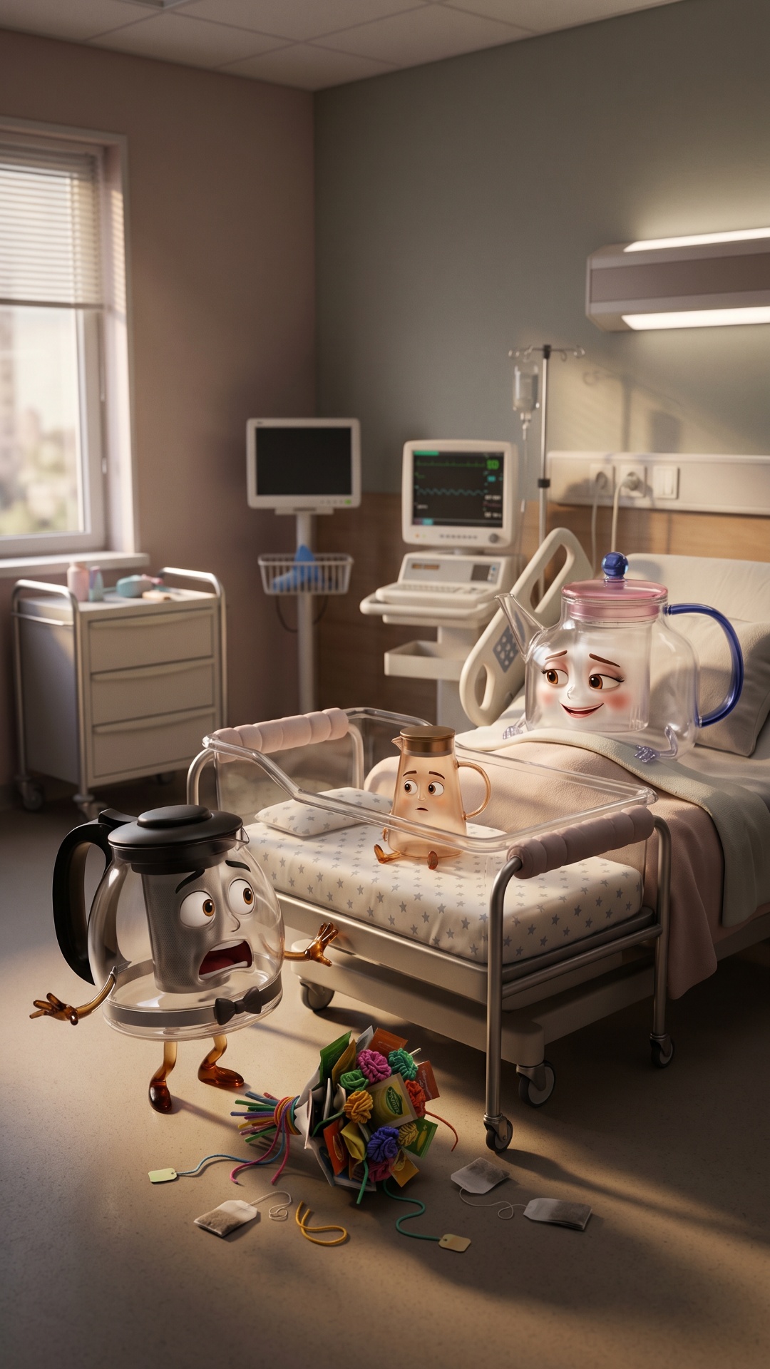 Use the uploaded image as the exact starting frame.

The husband kettle, wife teapot, and tiny ...