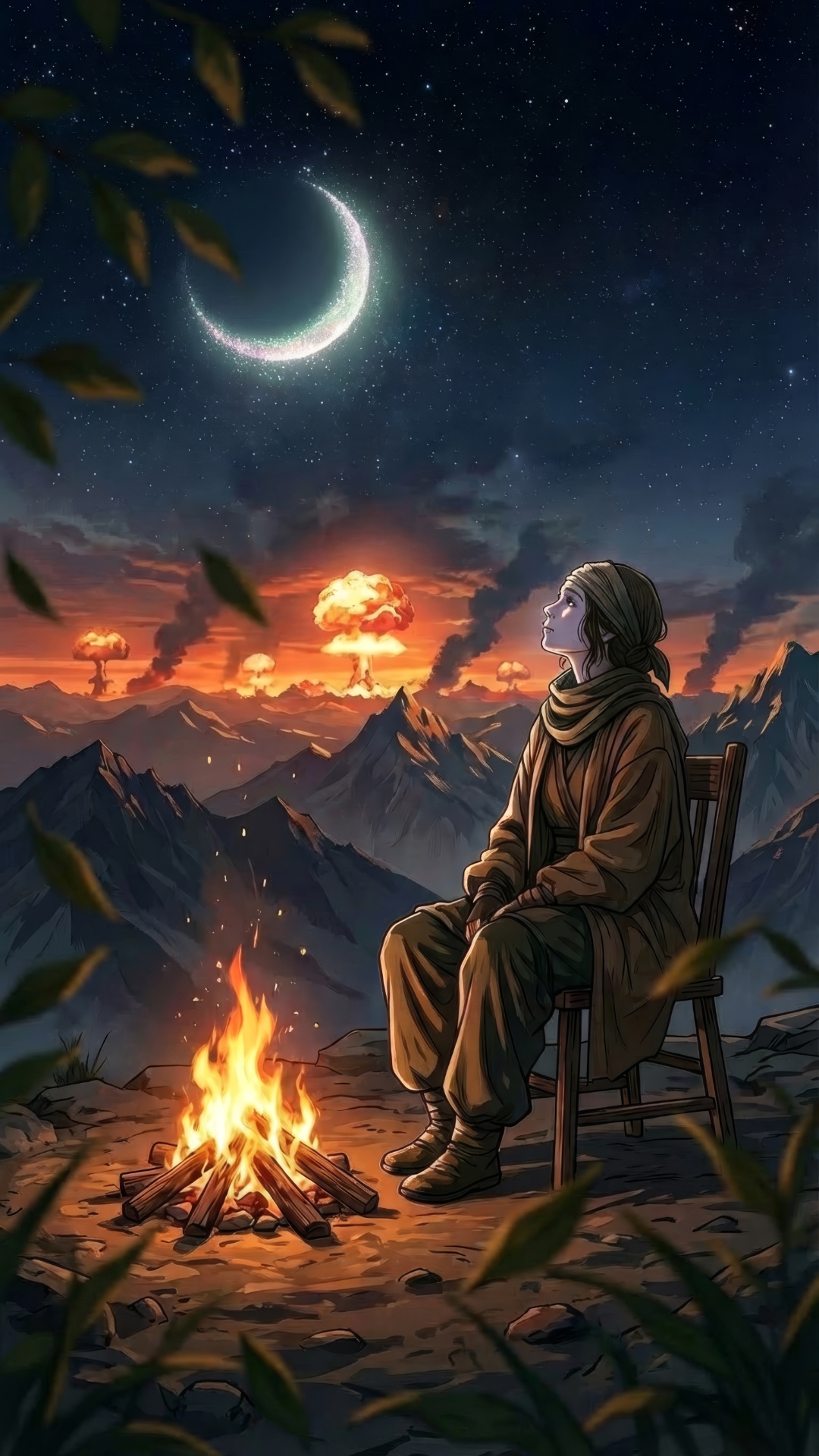 A cinematic animated scene from a still image.
A calm woman sitting on a chair near a campfire in...