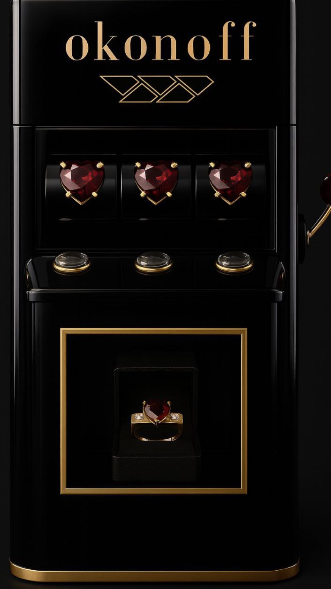 Scene 1: Establishing shot
A sleek black and gold slot machine branded "okonoff" stands centered ...