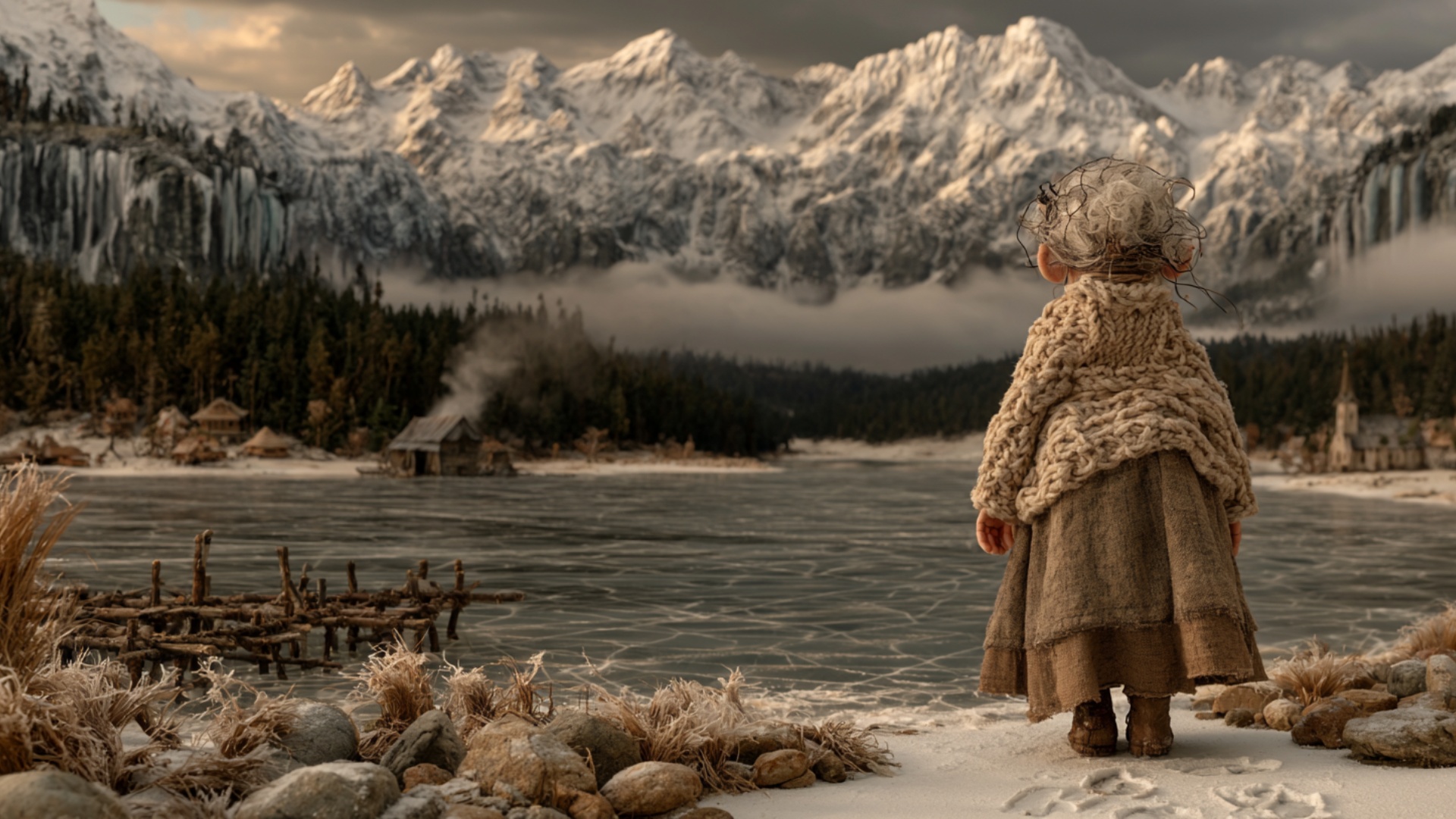 The elderly woman remains near the edge of the frozen lake, quietly watching the mountains. A col...