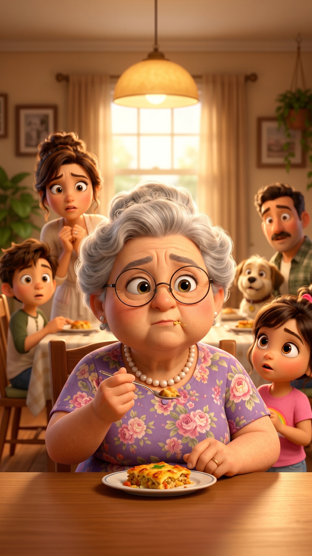 Close-up emotional scene. Grandmother slowly chews and thinks. Everyone behind her freezes waitin...