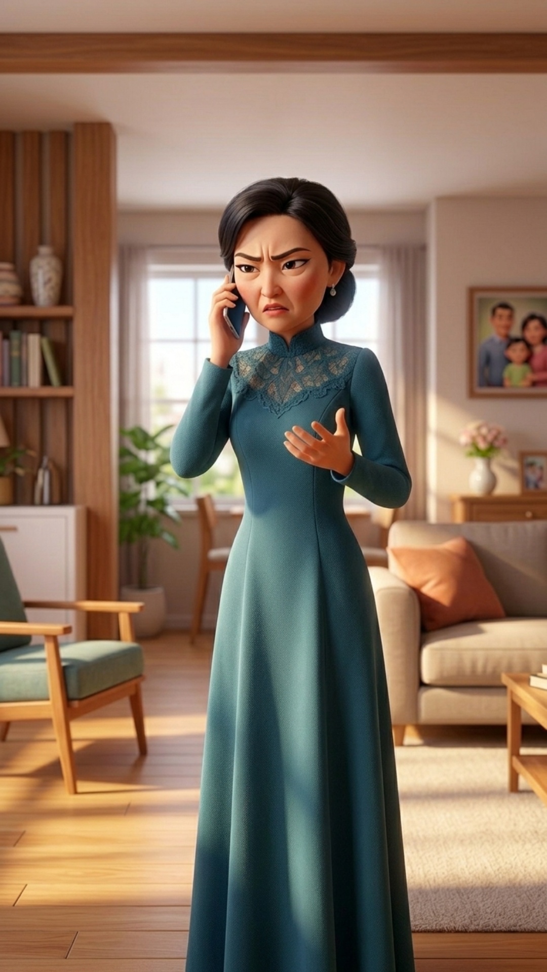 3D Pixar-style animation. The same middle-aged Kazakh woman continues talking on her smartphone i...
