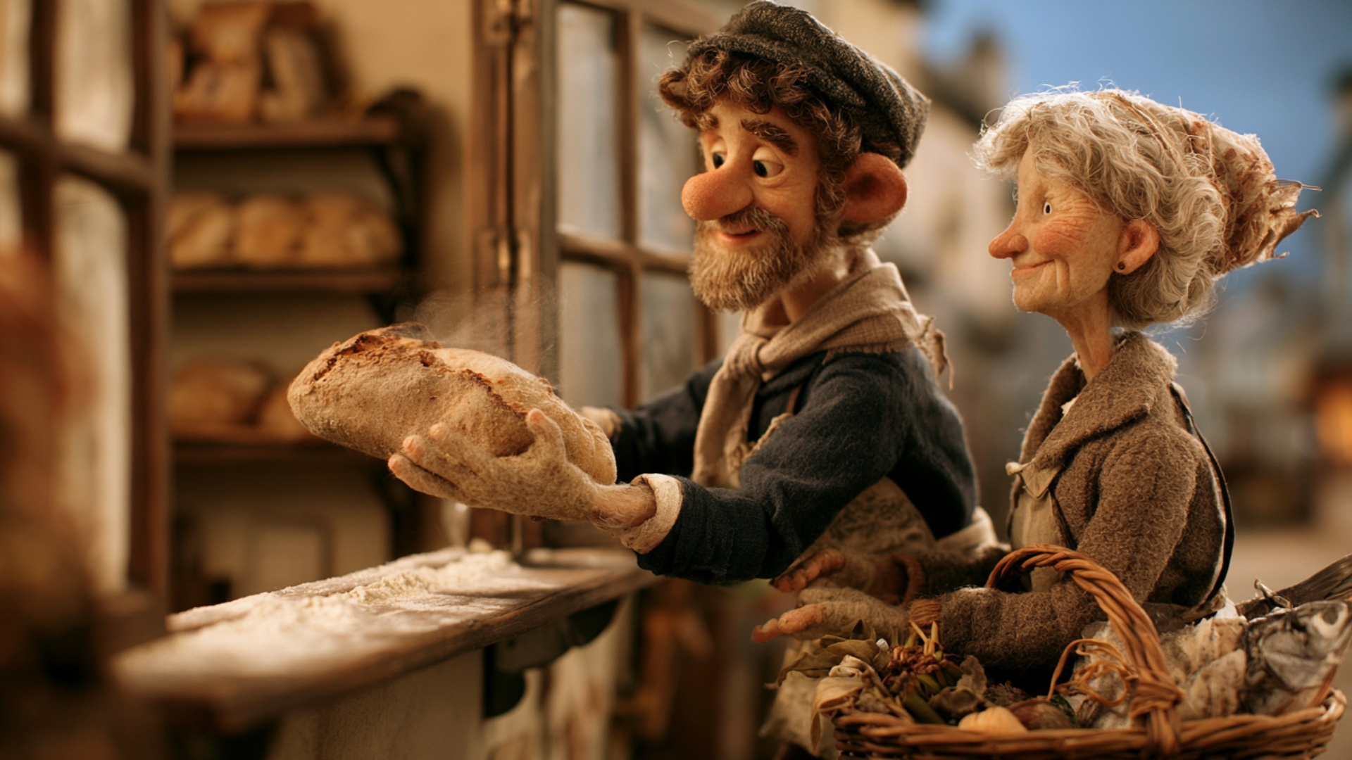 The baker slowly extends the warm loaf across the counter toward the woman. A faint stream of ste...