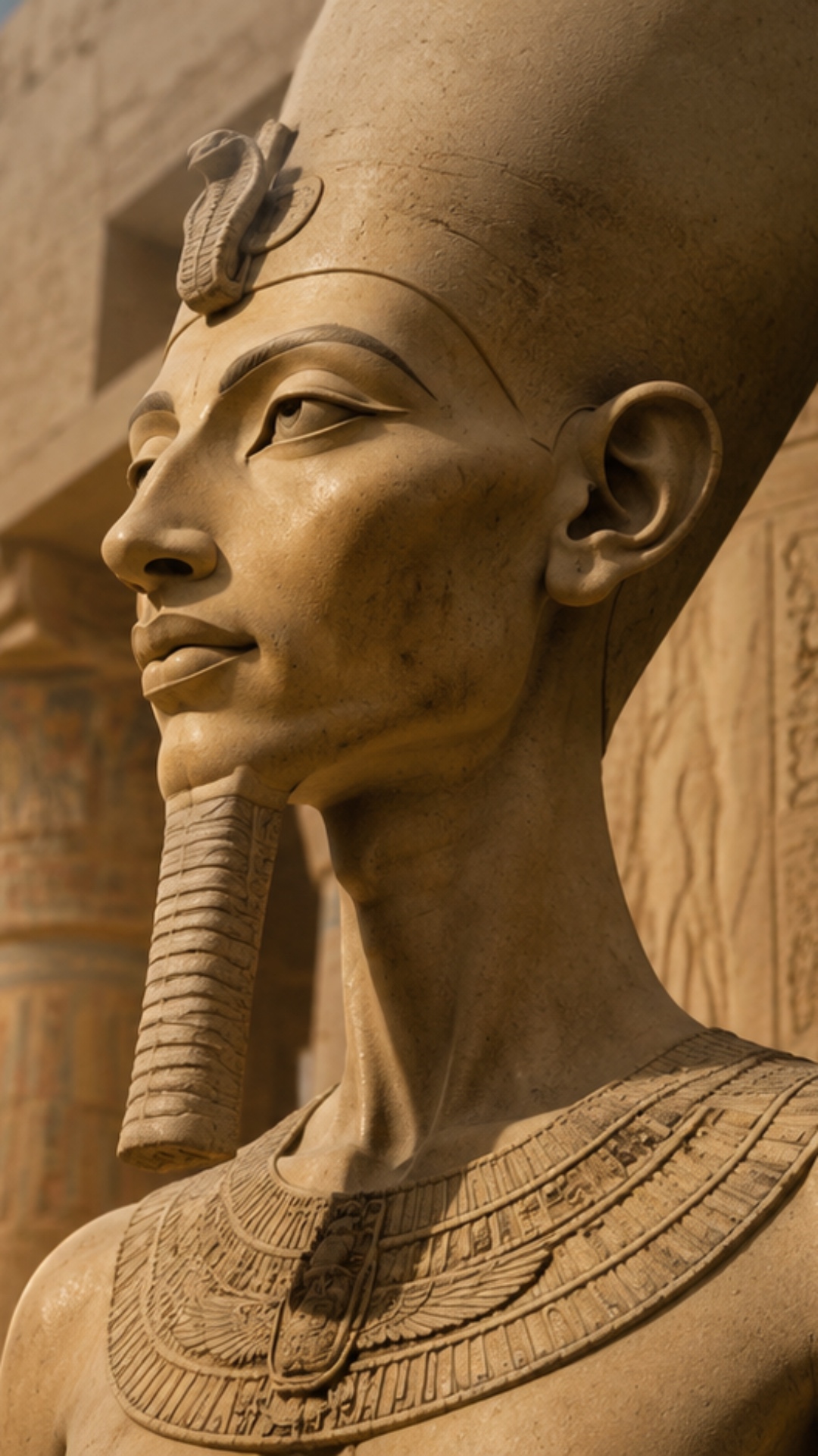 A striking, elongated statue of Pharaoh Akhenaten staring blankly into the distance