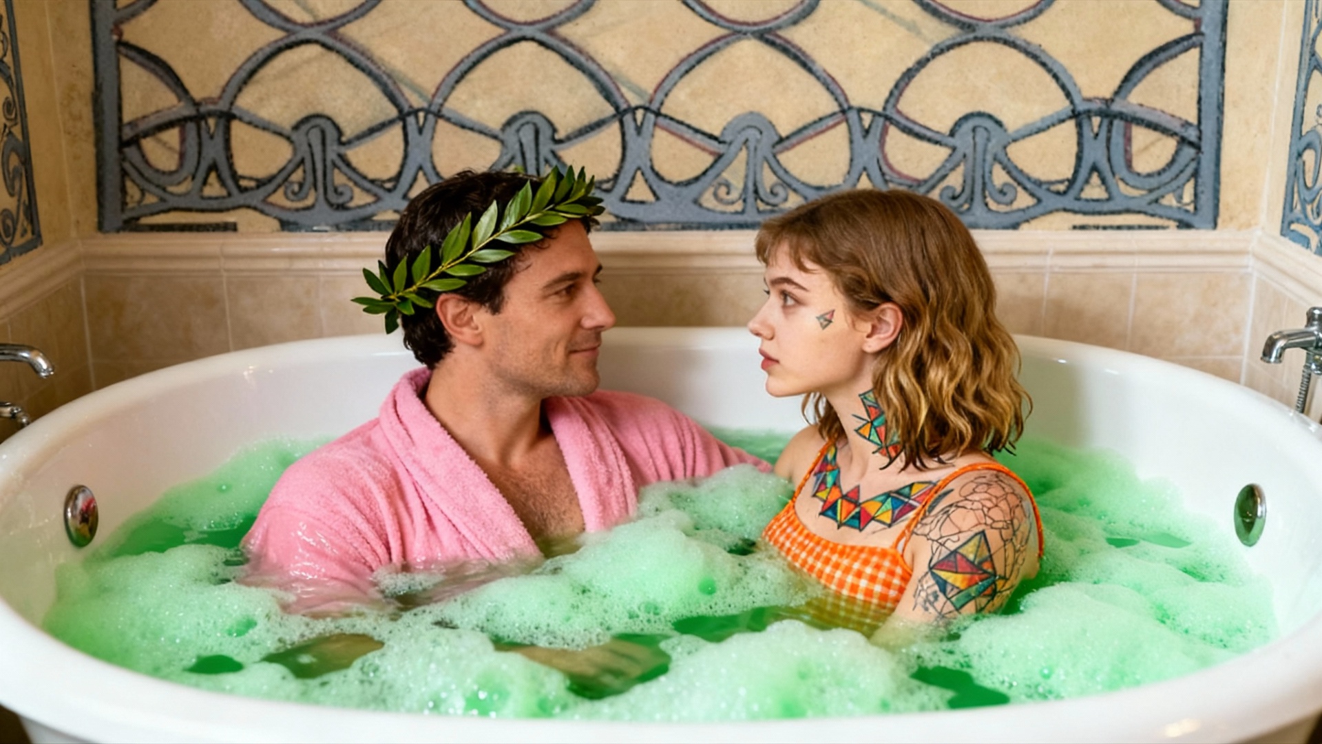 L'eau coule du robinet, des flammes surgissent de la mousse de la baignoire, mais les deux person...