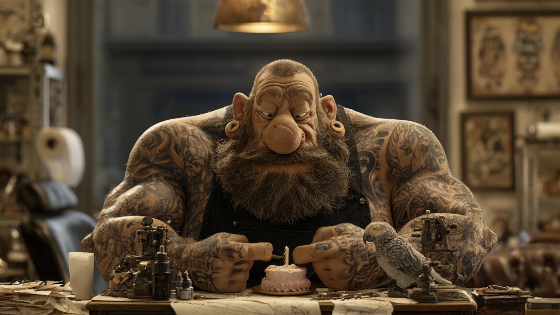 Single continuous 5-second cinematic shot. The huge tattoo artist carefully pipes a small curl of...