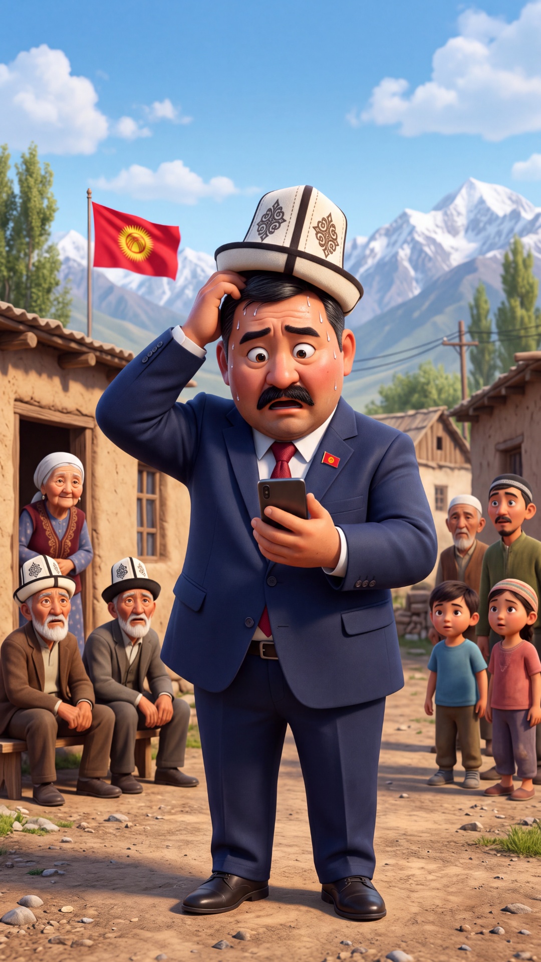 Image-to-video from the provided frame. Pixar-style 3D, 9:16. The DEPUTY (plump Kyrgyz man, WHITE...