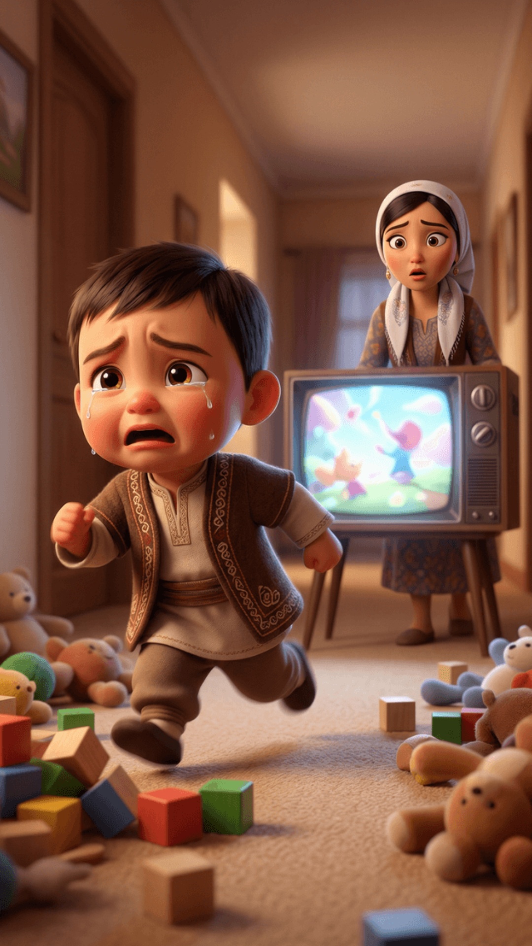 vertical video 9:16, pixar style animation, fully stylized cartoon кыргыз characters, no realism,...