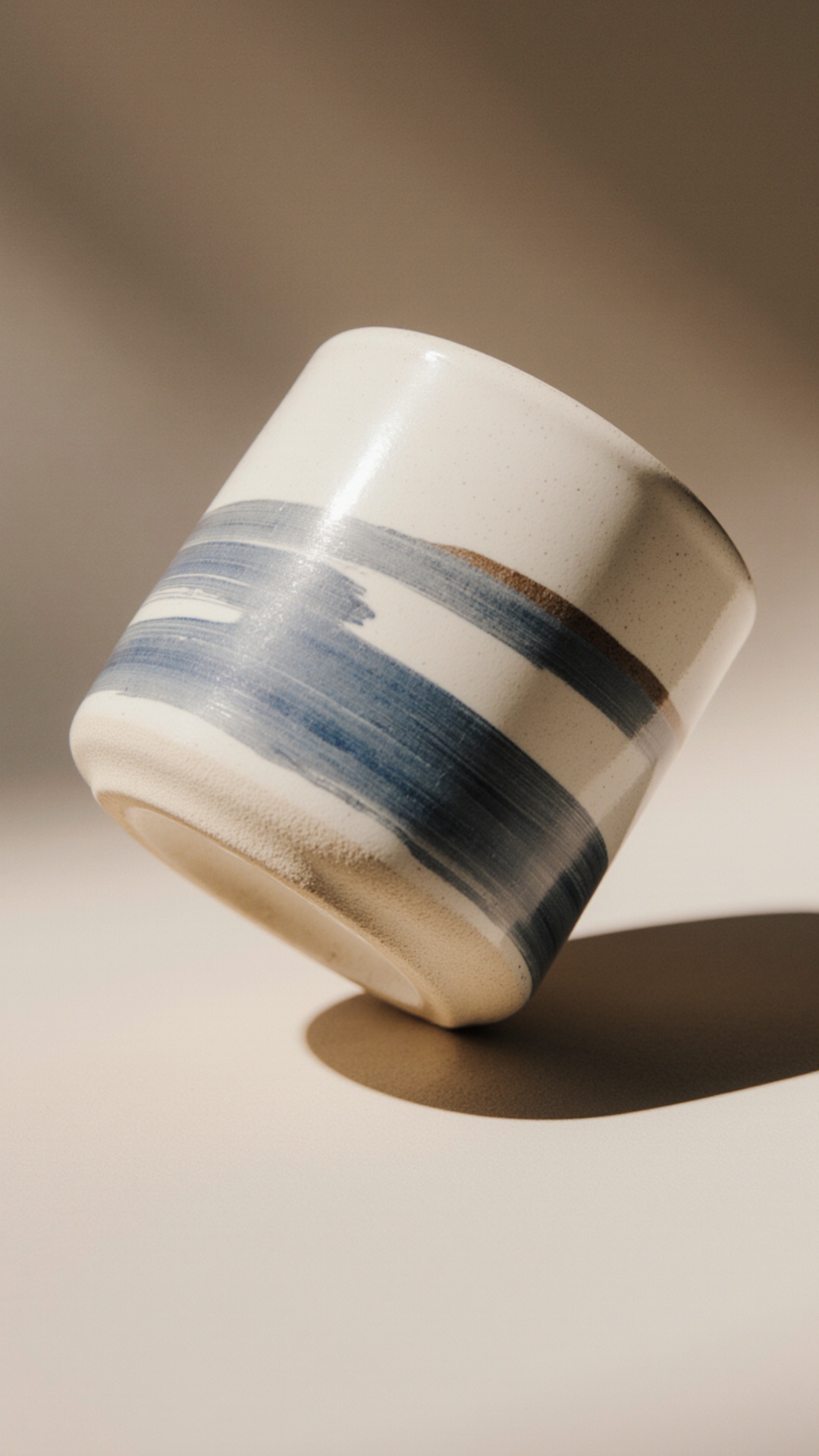 Cinematic product video of a hand-painted ceramic piece. The object is presented in slow motion, ...