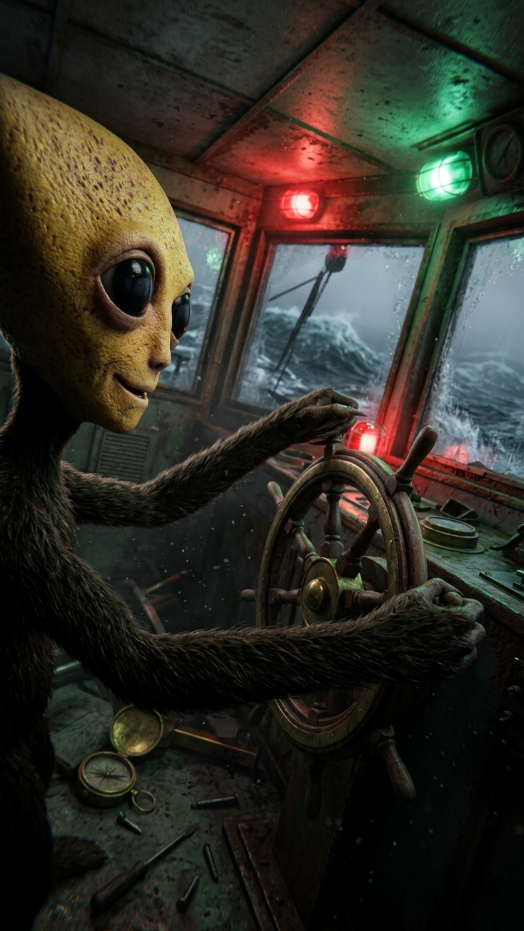 POV dentro de la cabina de mando de un viejo barco abandonado durante la noche. Kevin permanece f...