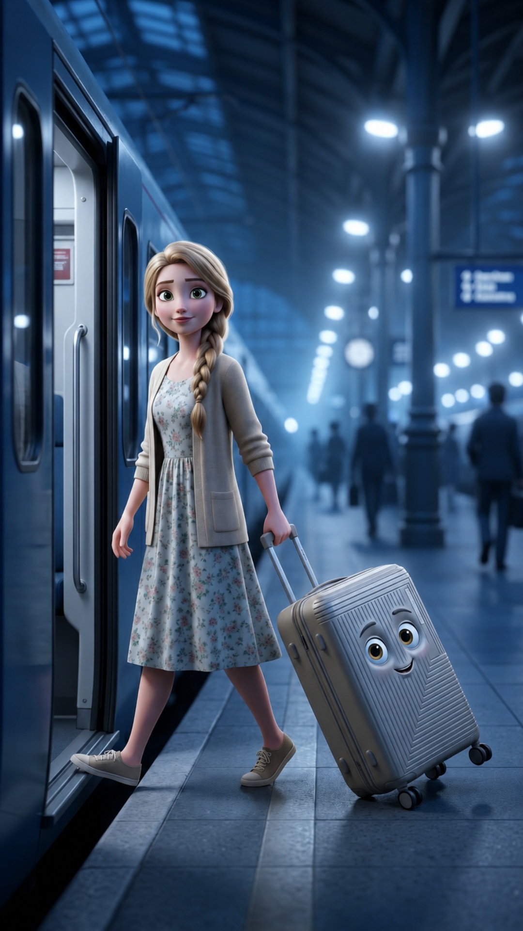 Train platform at night.

The train doors are open.

Evdokia stands up and pulls the LENDA su...