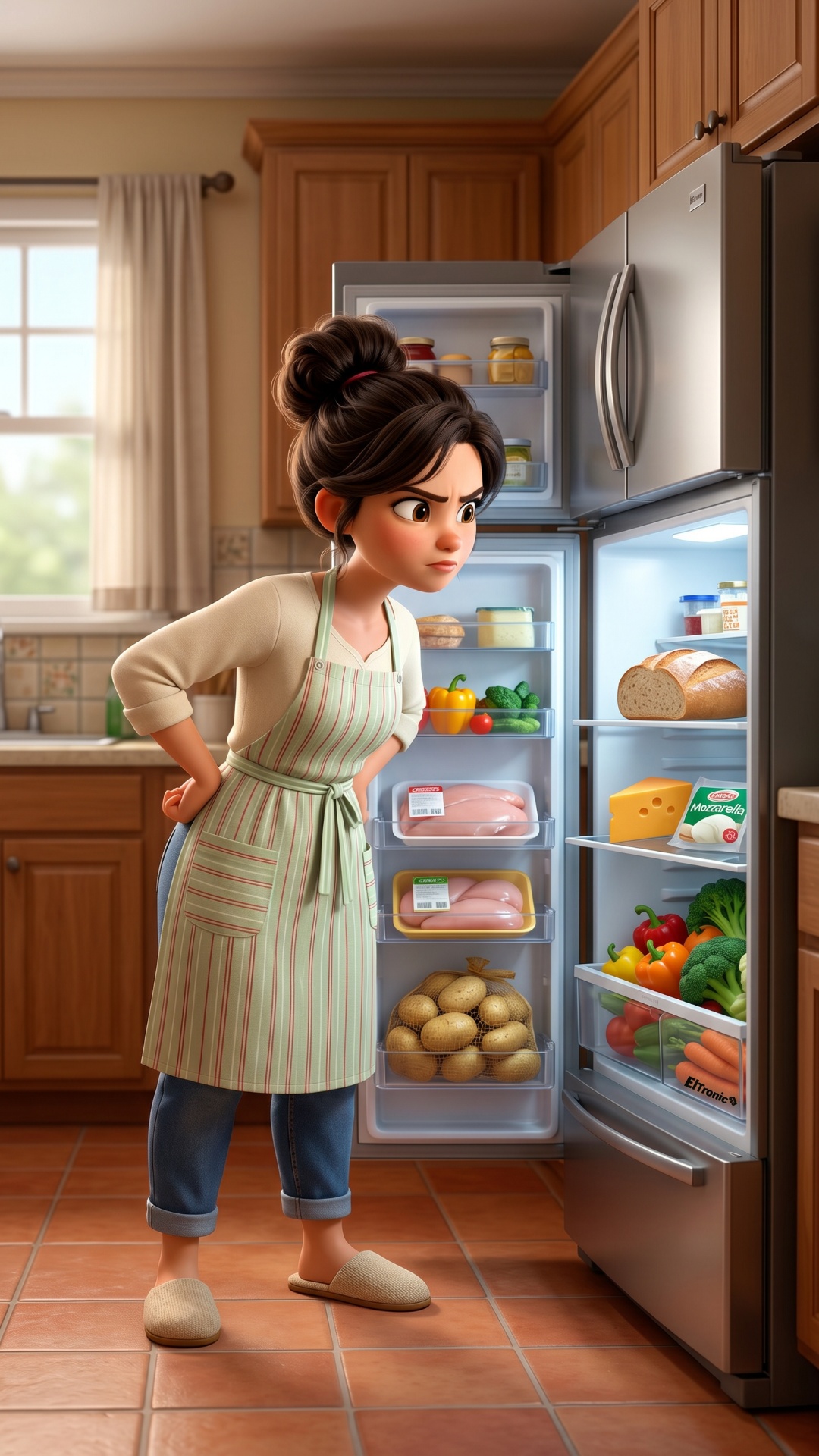 Mother stands in front of the open refrigerator looking at ingredients. She takes a deep breath, ...