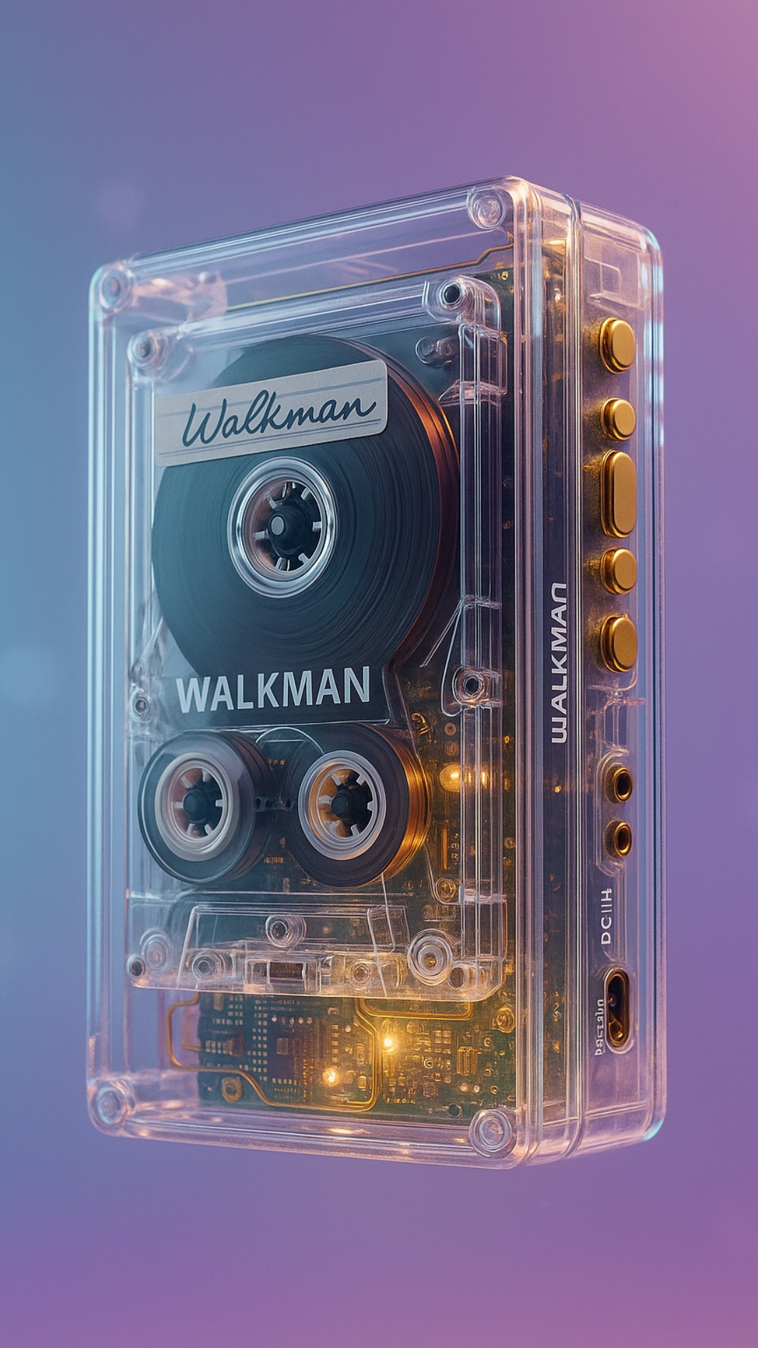 A hyper-realistic transparent Sony Walkman floats mid-air, slowly rotating 360 degrees to showcas...