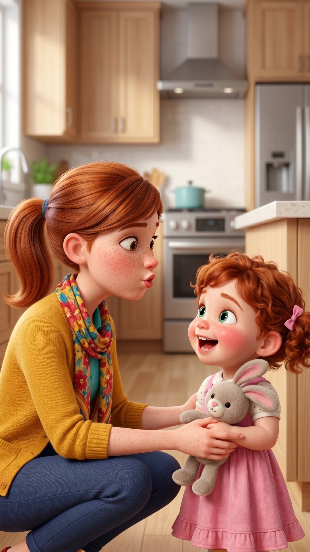 3D animation, Pixar style. A seamless transition between two states in a luxury kitchen. Start st...