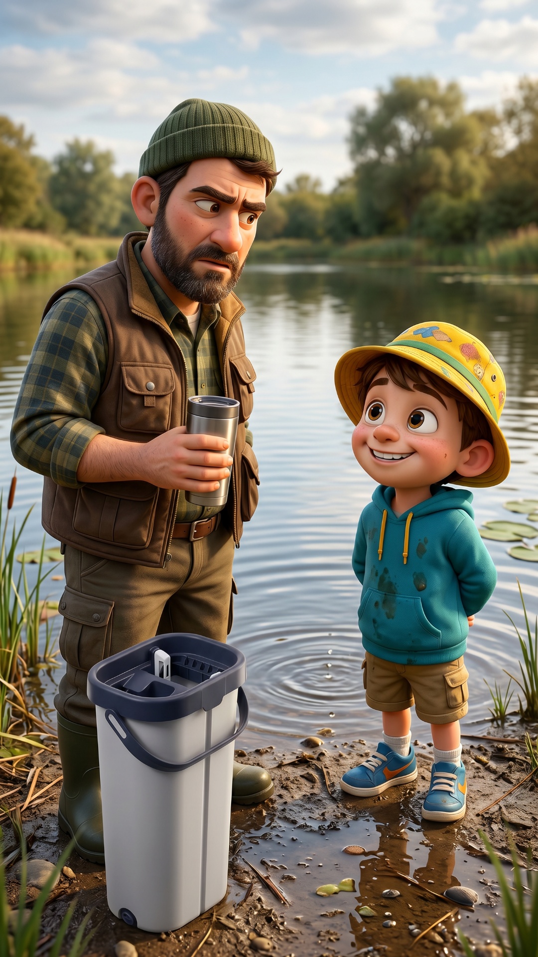 Father looks suspiciously at smiling innocent little boy near lake. Boy hides hands behind back a...