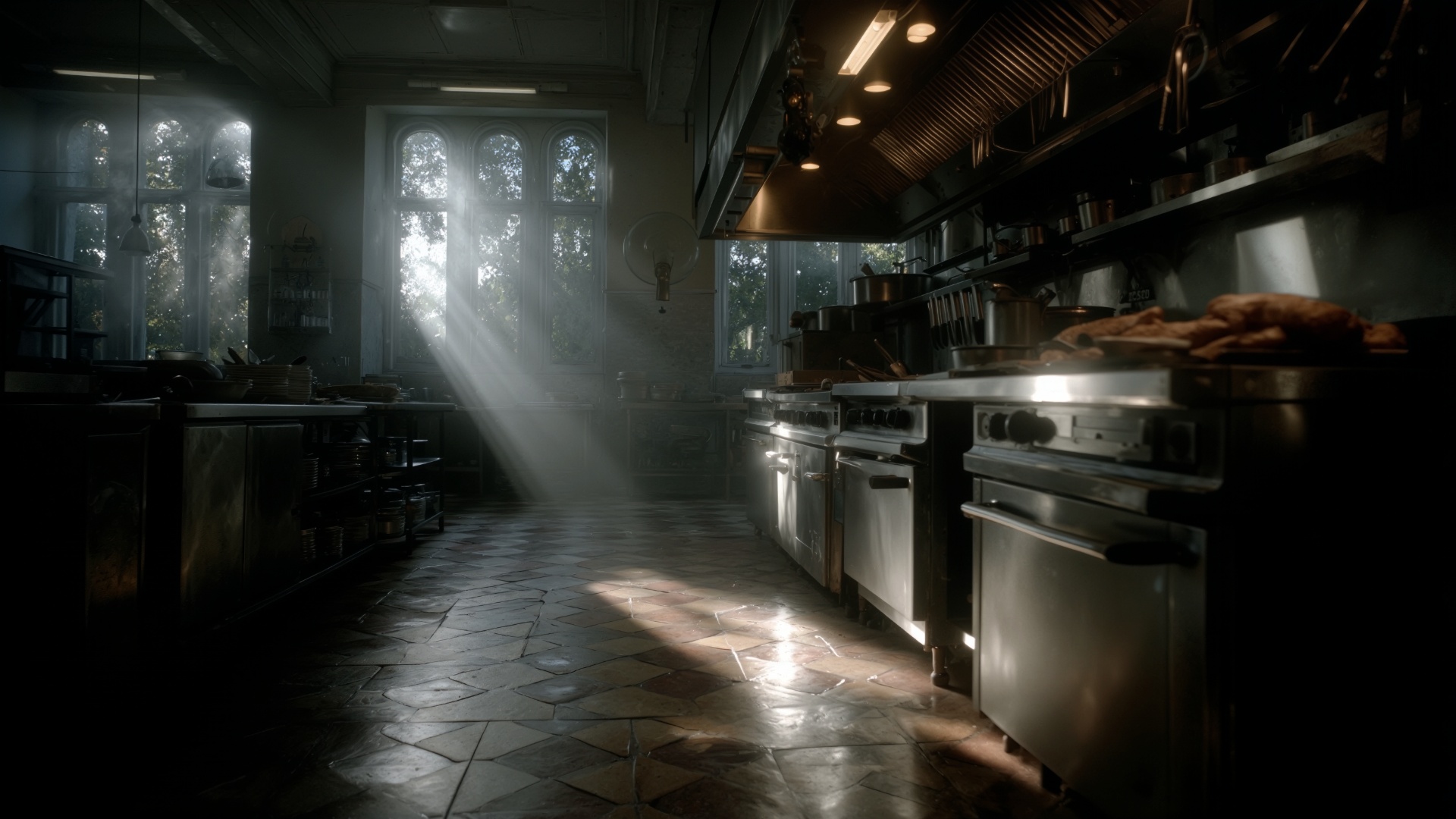 Wide establishing shot — the camera glides slowly through a quiet kitchen bathed in golden mornin...