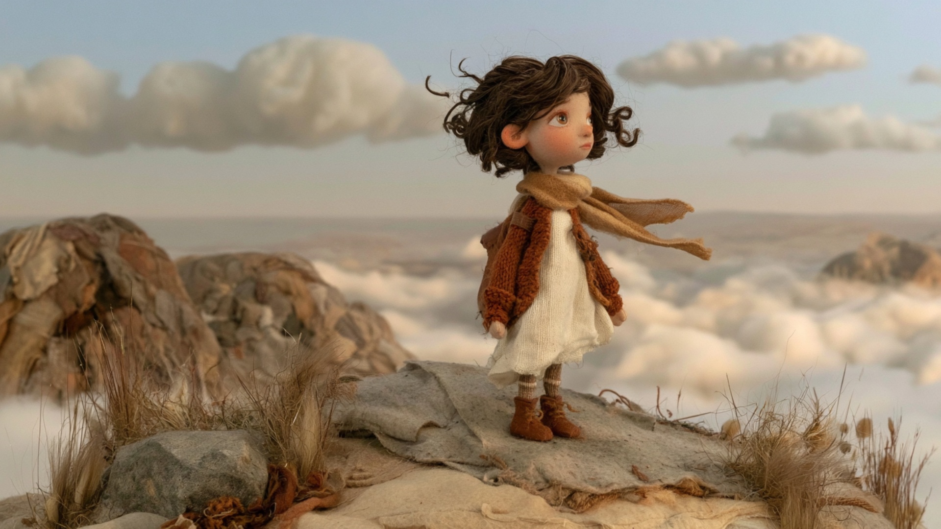 Start exactly from the provided image. The girl remains safely on the broad mountain surface whil...