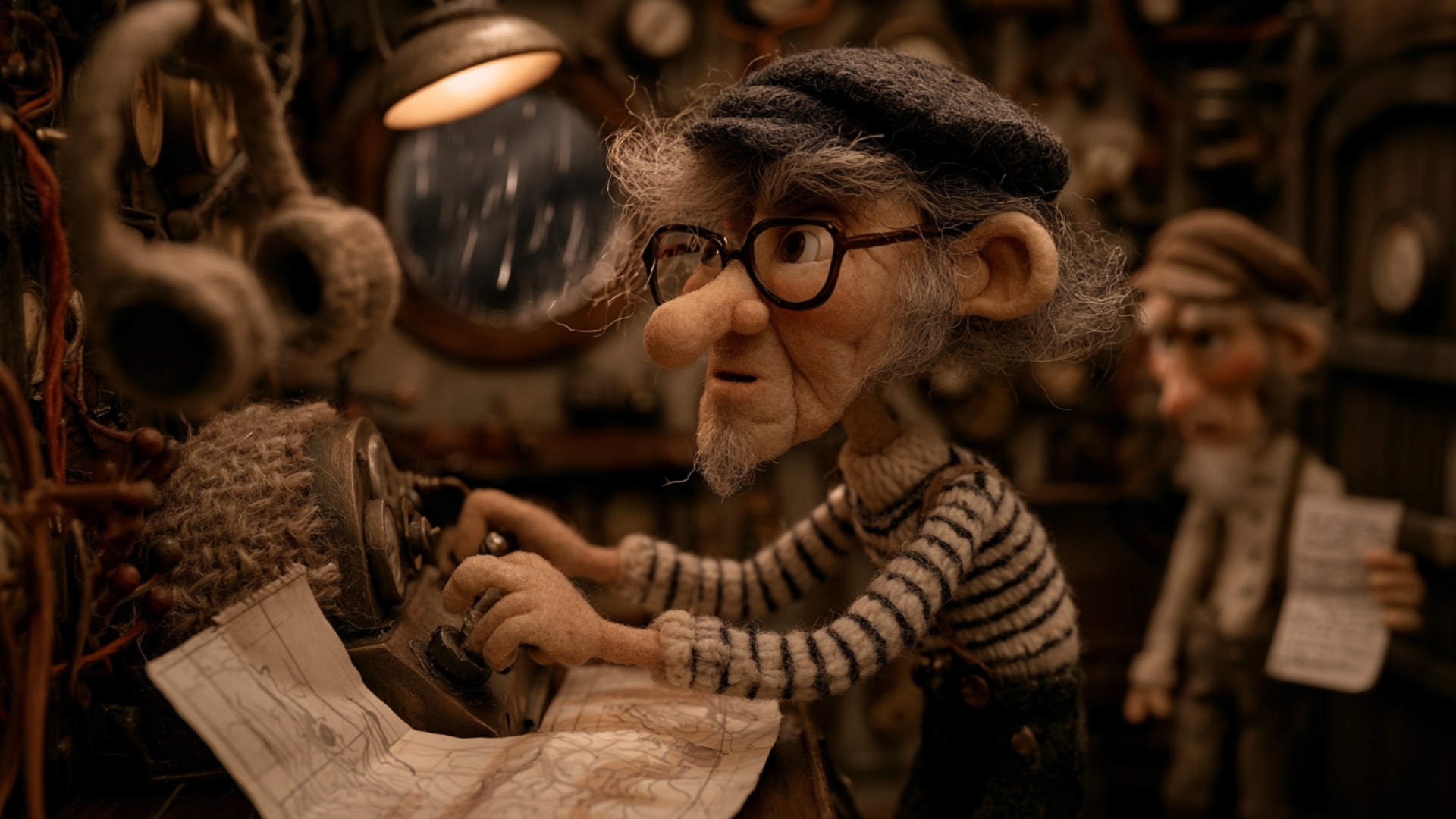 The elderly radio operator keeps both hands on the large control knobs and carefully turns one di...