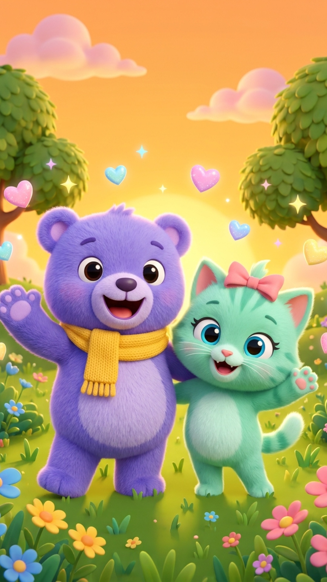 MuTi and Mimi wave their paws cheerfully at the camera, both smiling brightly with sparkling eyes...