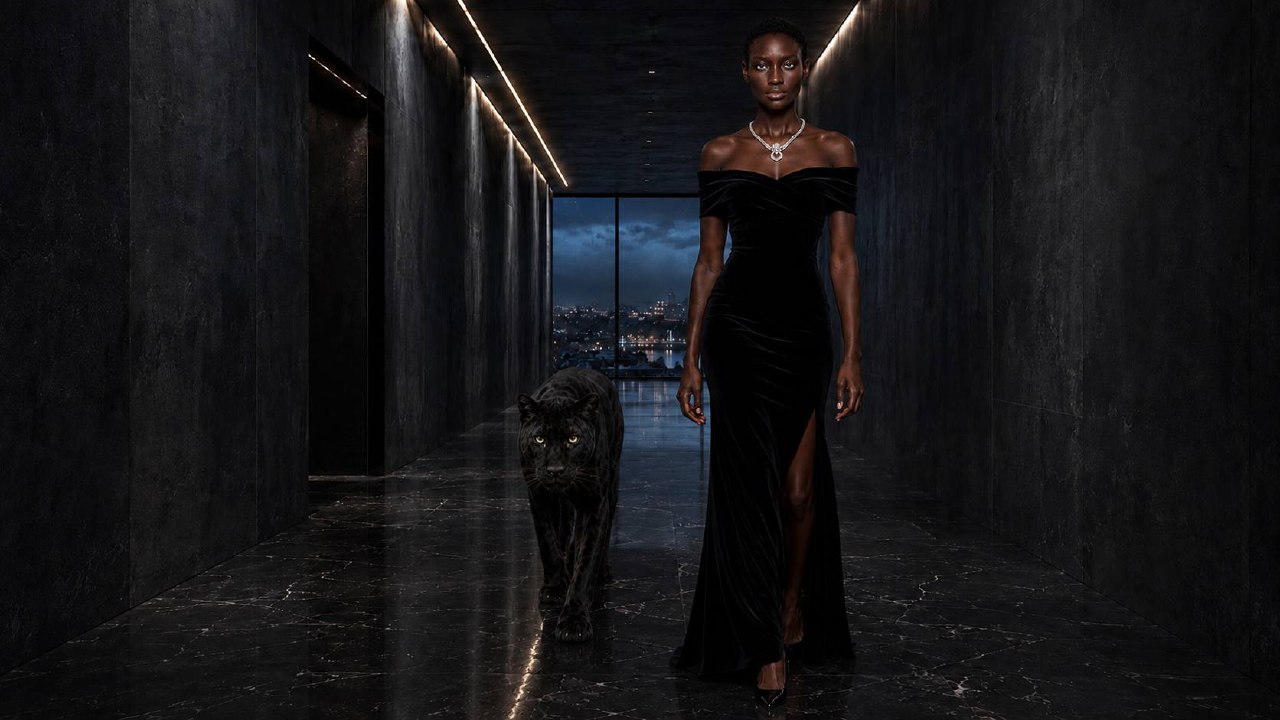 Create one continuous four-second luxury-fashion tracking shot based on the supplied starting ima...