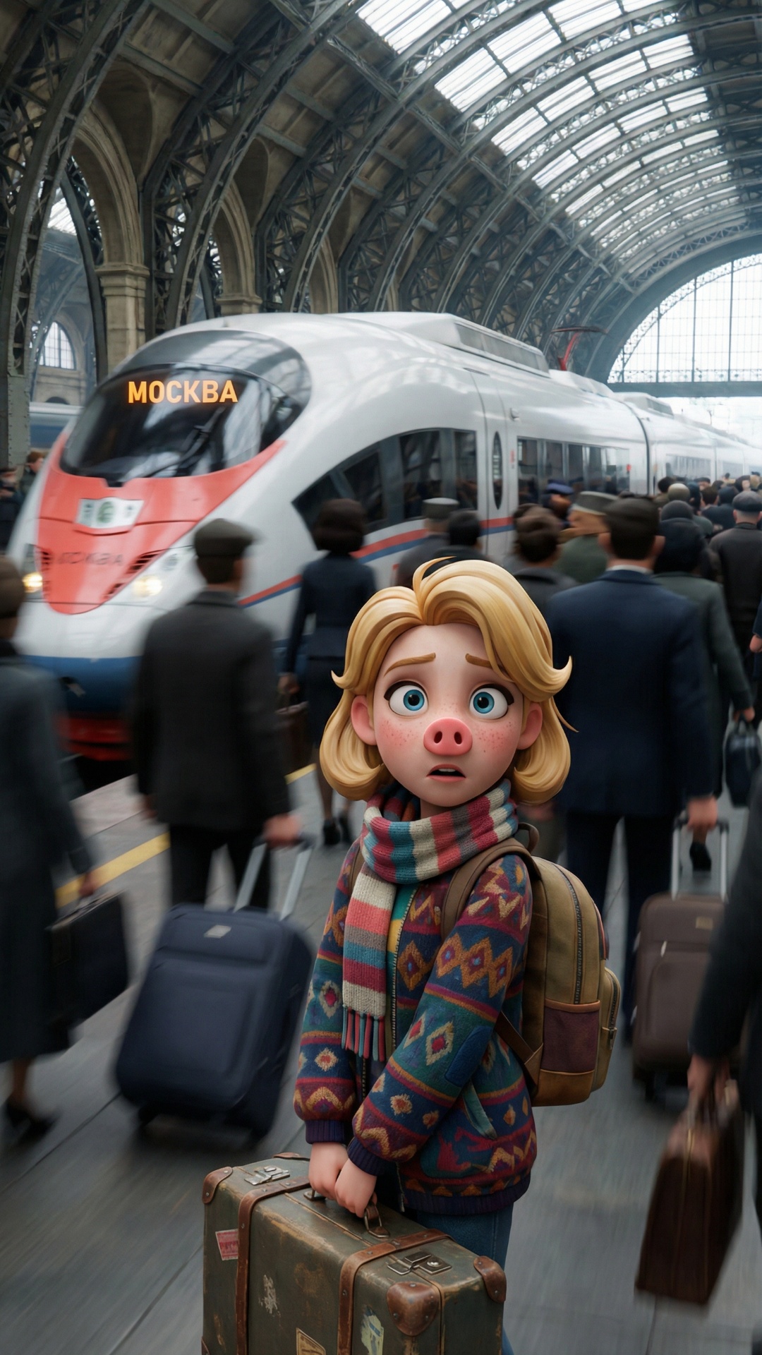 3D animated cinematic shot, Disney-style, train arriving at Moscow railway station, busy platform...