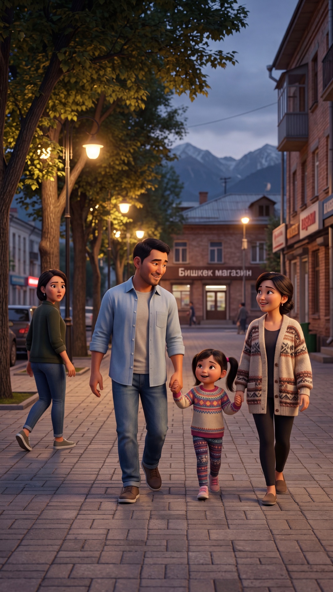 Animated stylized street scene, 70% cartoon style, 30% realism, evening in Bishkek, warm street l...
