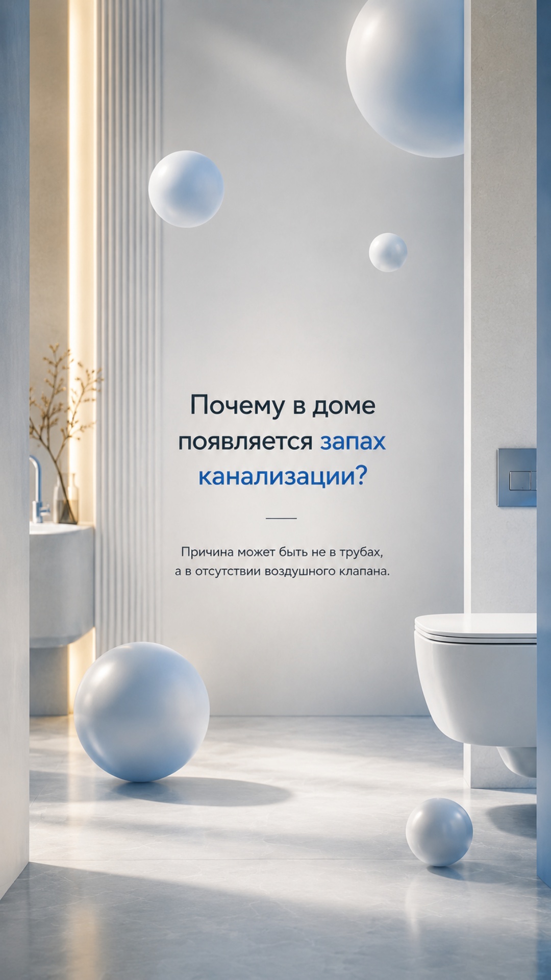 Статичный clean-интерьер ванной в бело-голубых оттенках.
Голубые сферы медленно парят в воздухе....