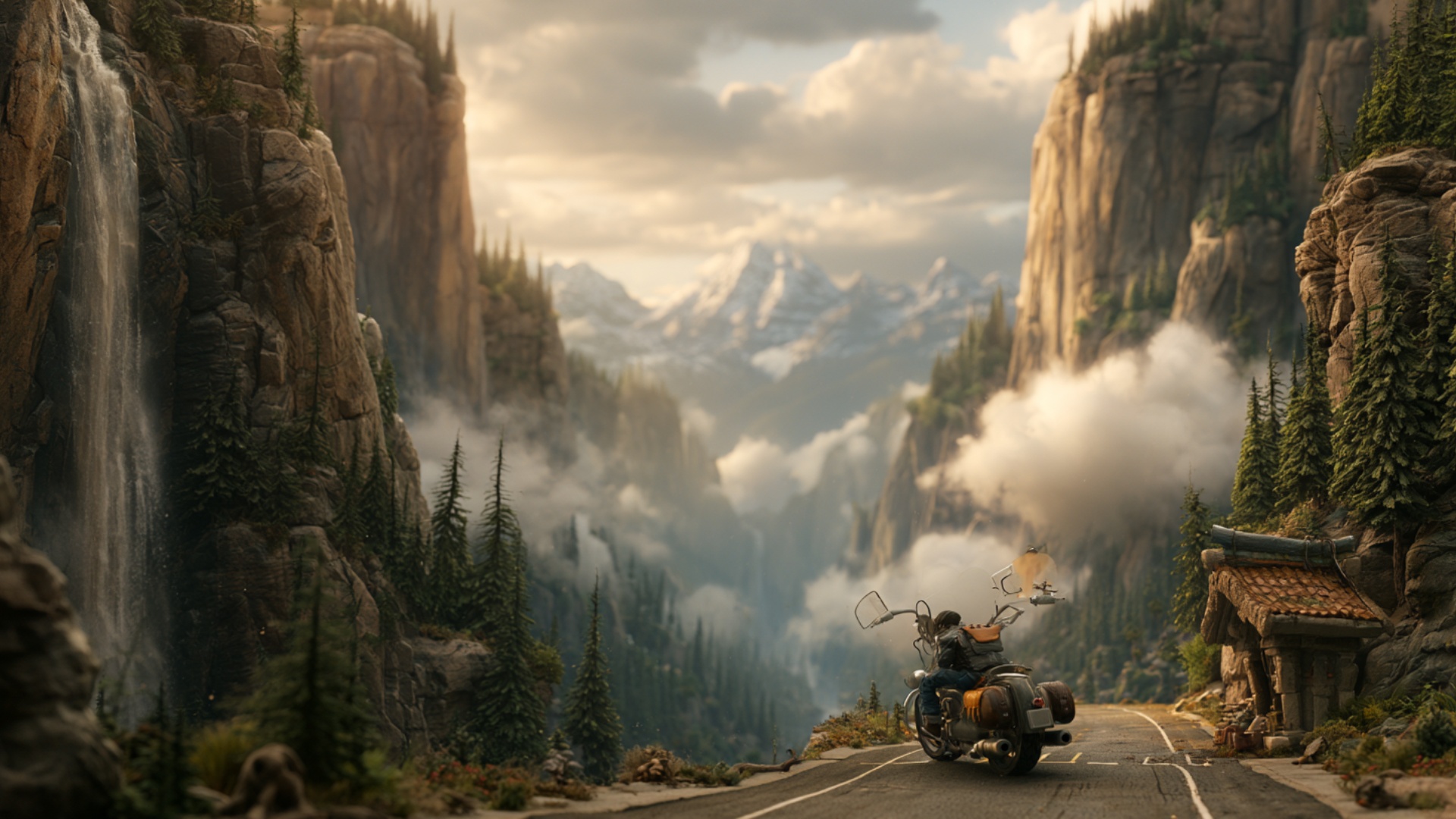 The motorcycle starts moving smoothly forward from its existing position and follows the mountain...