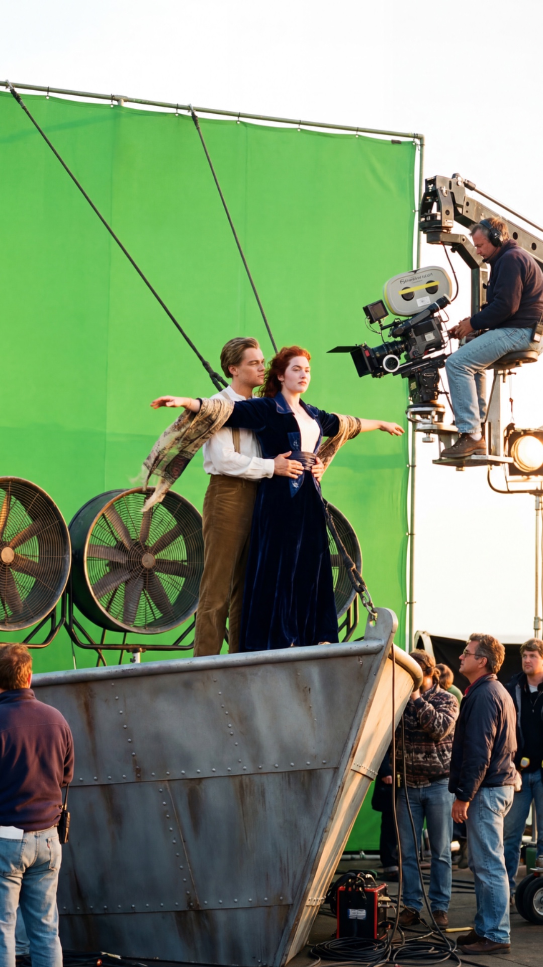 Handheld camera movement, slight shake like a candid phone video. Behind the scenes filming set. ...
