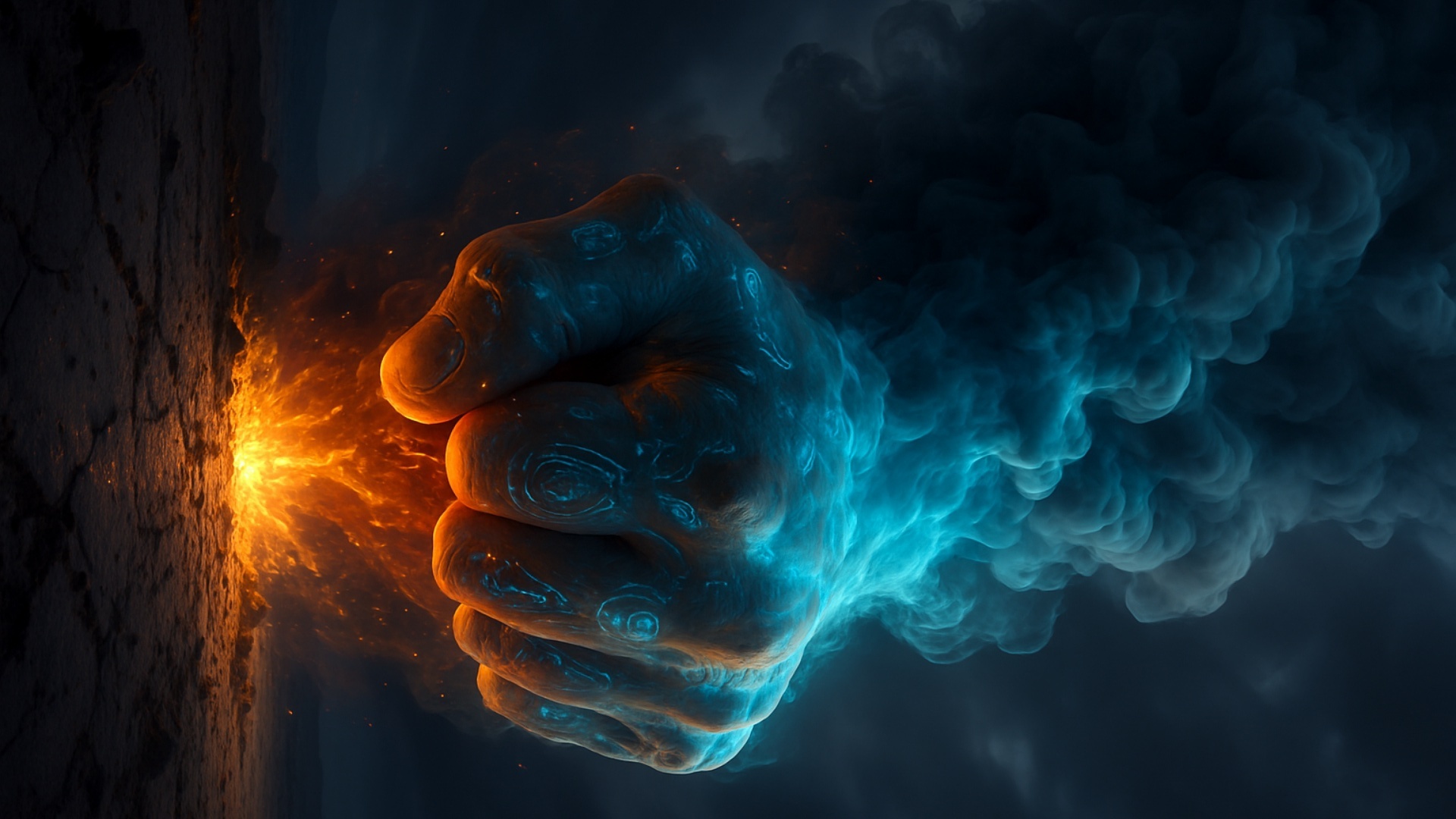 A hyper-realistic cinematic animation of a colossal elemental fist made of swirling blue smoke an...