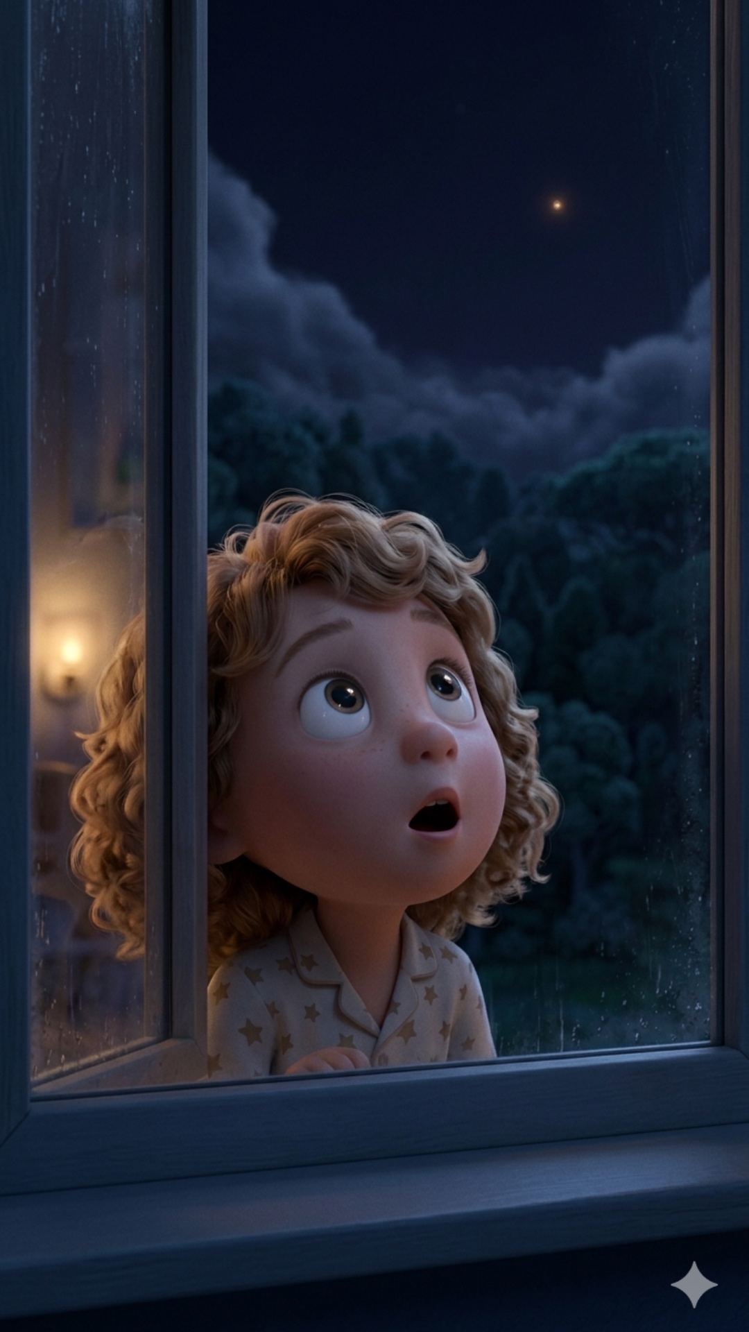 Cinematic close-up on the girl in the starry pajamas from image_7.png. As she presses her face ag...