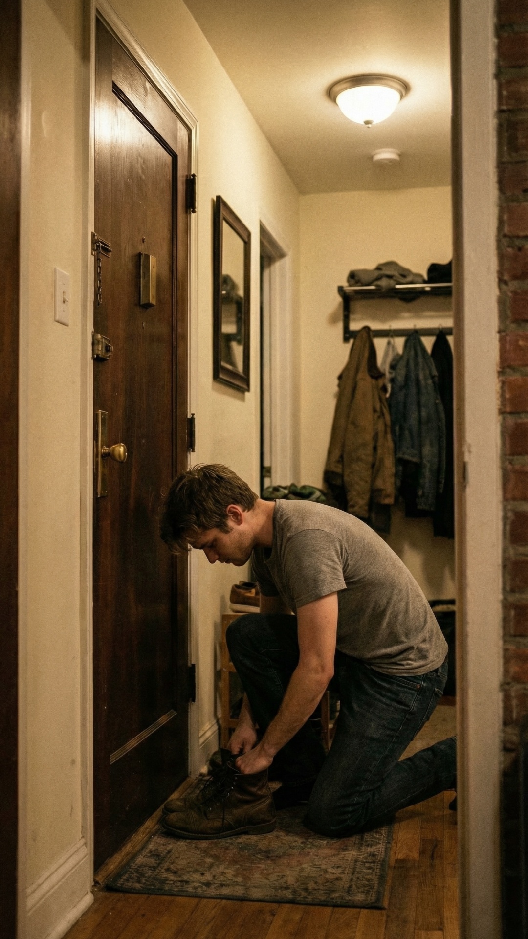 same man putting on shoes, slightly rushed movement, natural posture shift, bending down, subtle ...