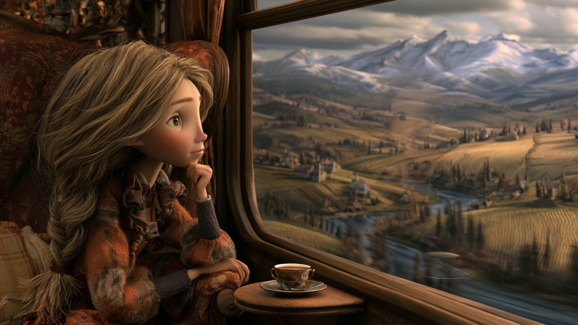 The woman remains seated comfortably beside the large train window, her chin supported gently by ...