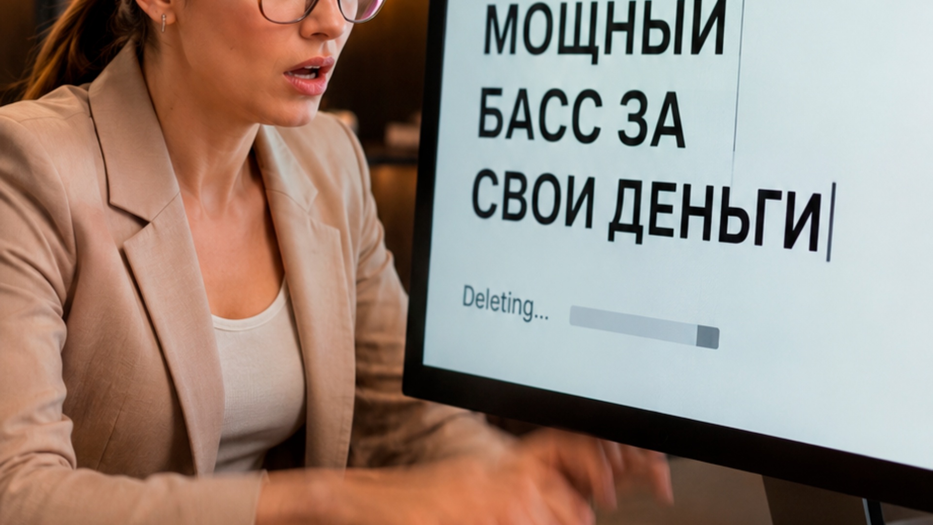 Vertical 9:16 video. Woman in beige blazer types quickly at the computer. On the screen, the phra...