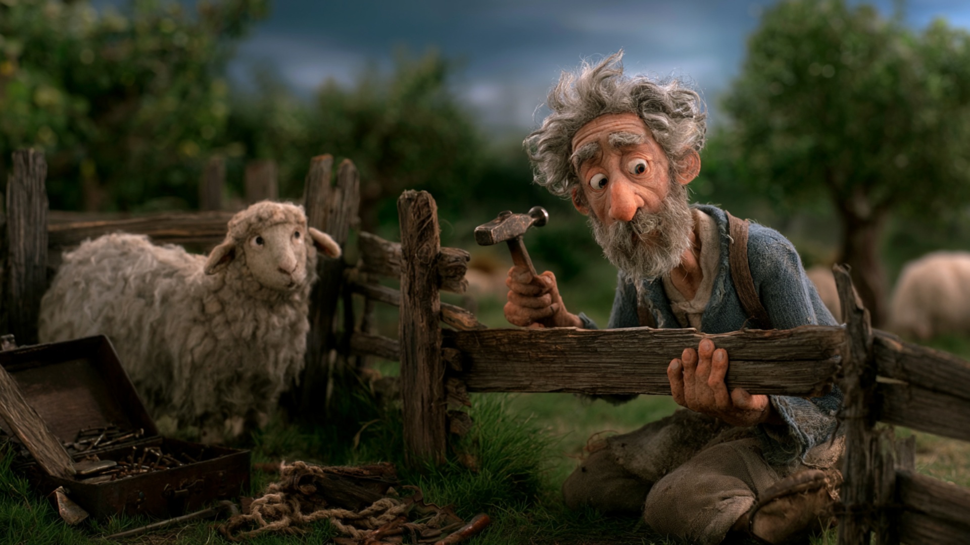 The farmer lifts the loose wooden plank with both hands, aligns it carefully between the two fenc...