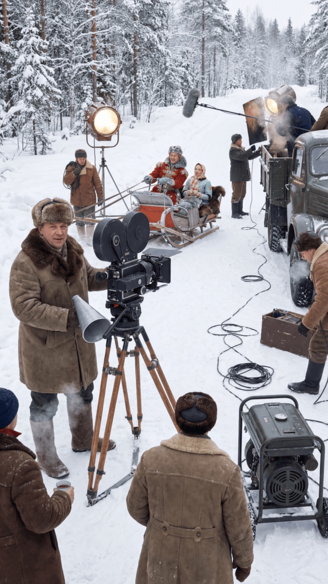 "Behind the scenes of the movie Morozko. A film crew in winter coats works in a snowy forest. In ...