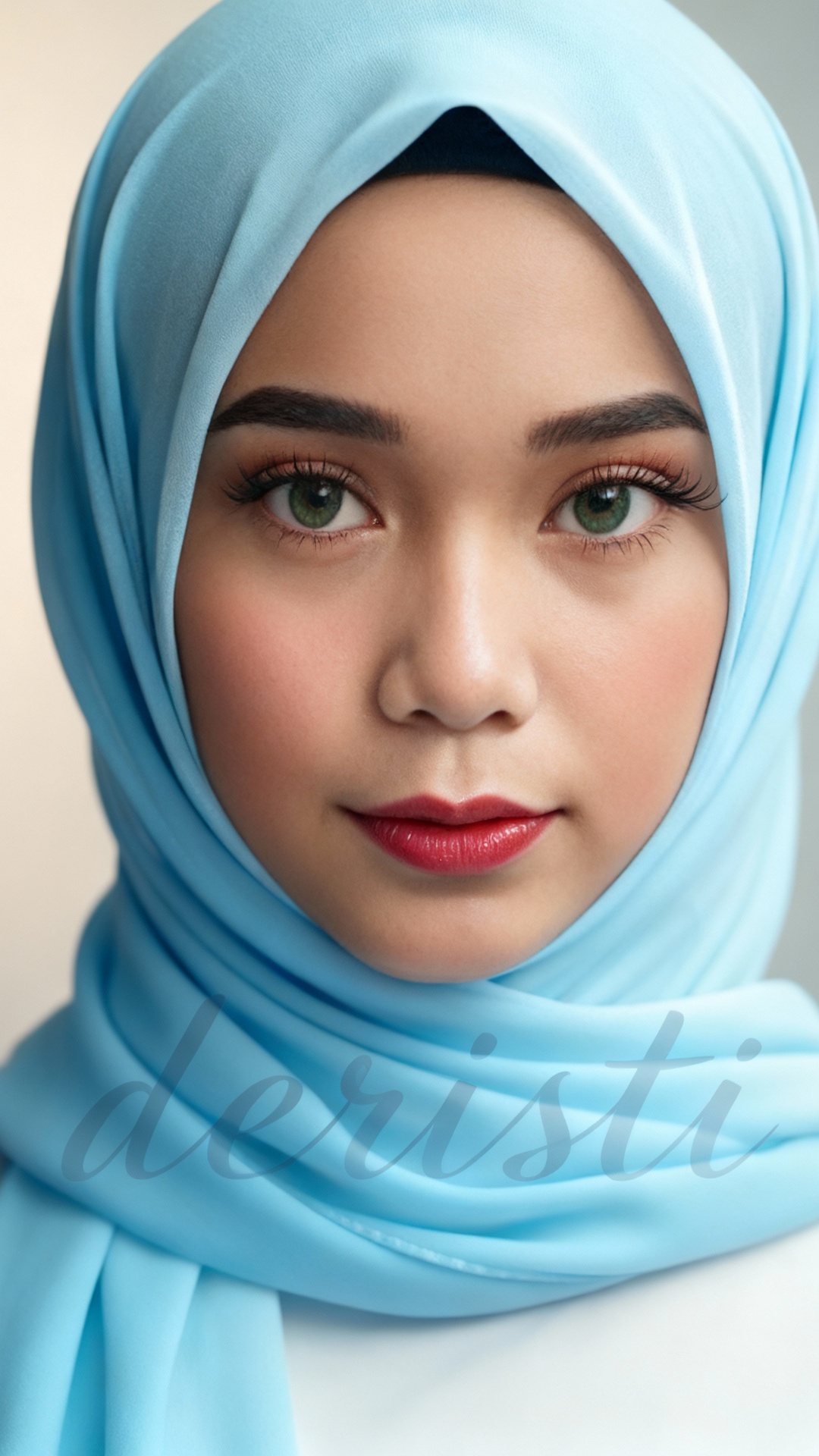 Cinematic smooth transformation video. Start with a close-up of a young woman wearing a soft blue...