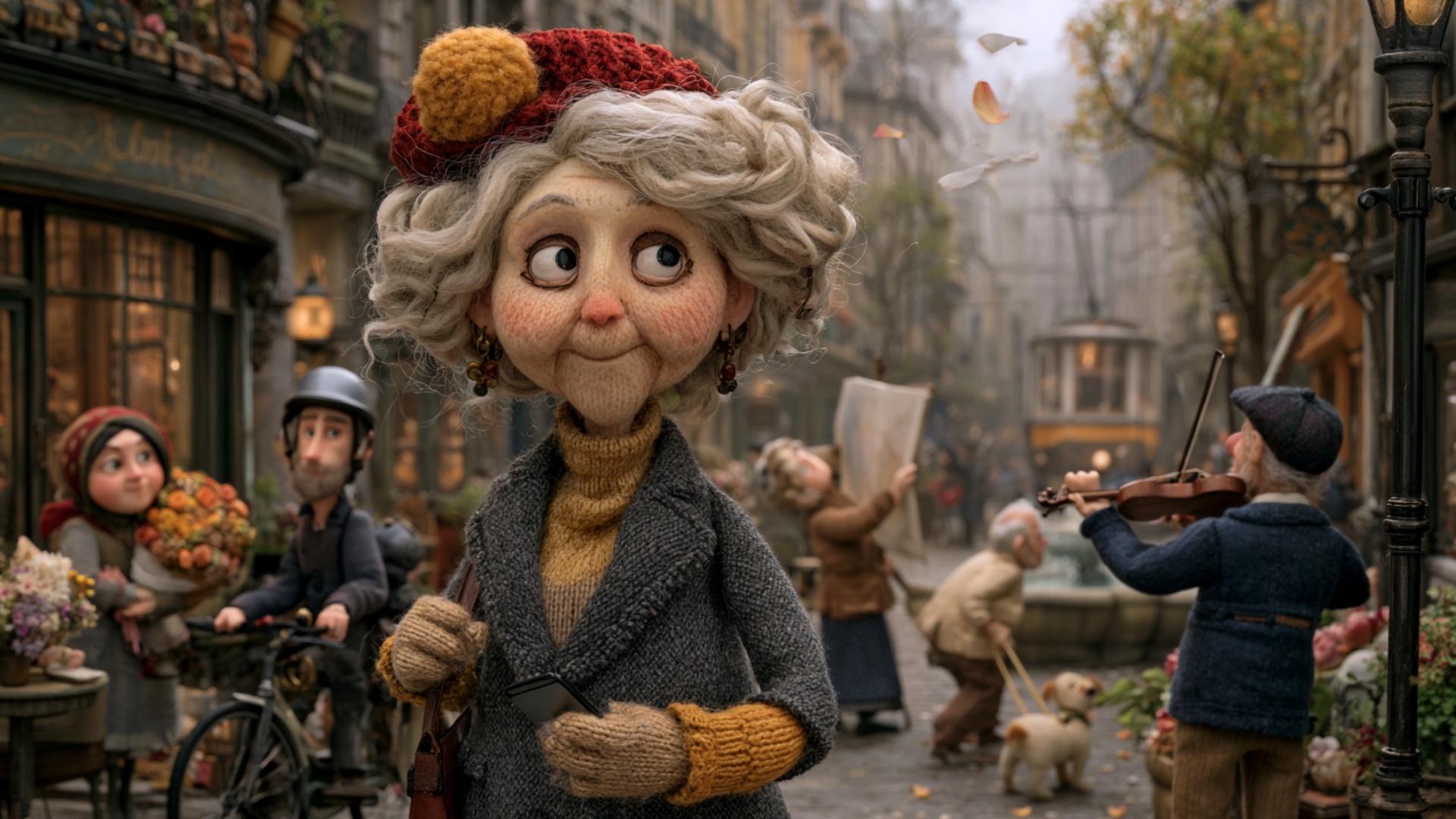 The elderly woman glances down at the phone in her hand for a brief moment, then lowers it natura...