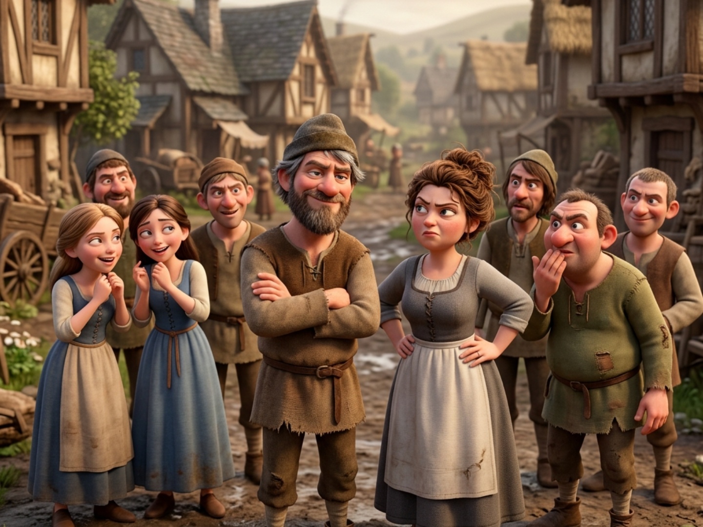 Art style: 3D Pixar.

Группа мужчин и женщин в простой, средневековой деревенской одежде. Их выра...