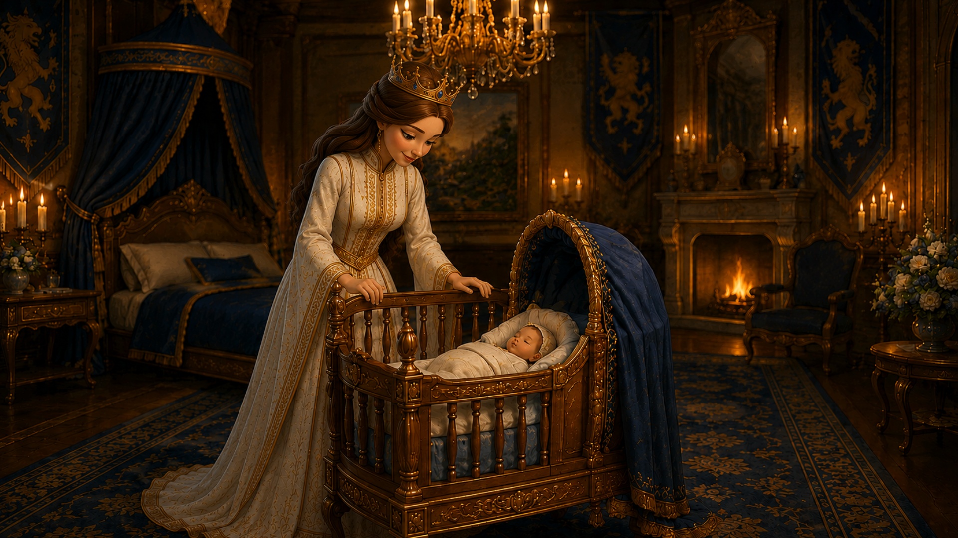 The queen gently raises the baby in her arms and hugs him lovingly against her chest. Her express...