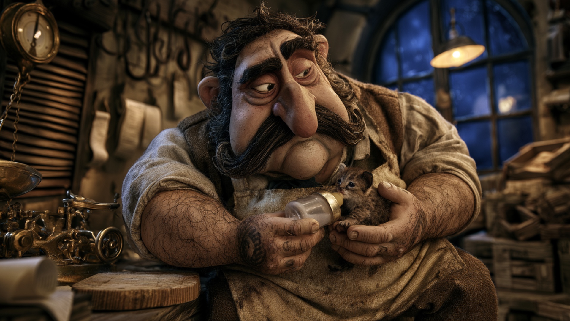 Single continuous 5-second cinematic shot. The butcher gently tilts the small bottle and feeds th...