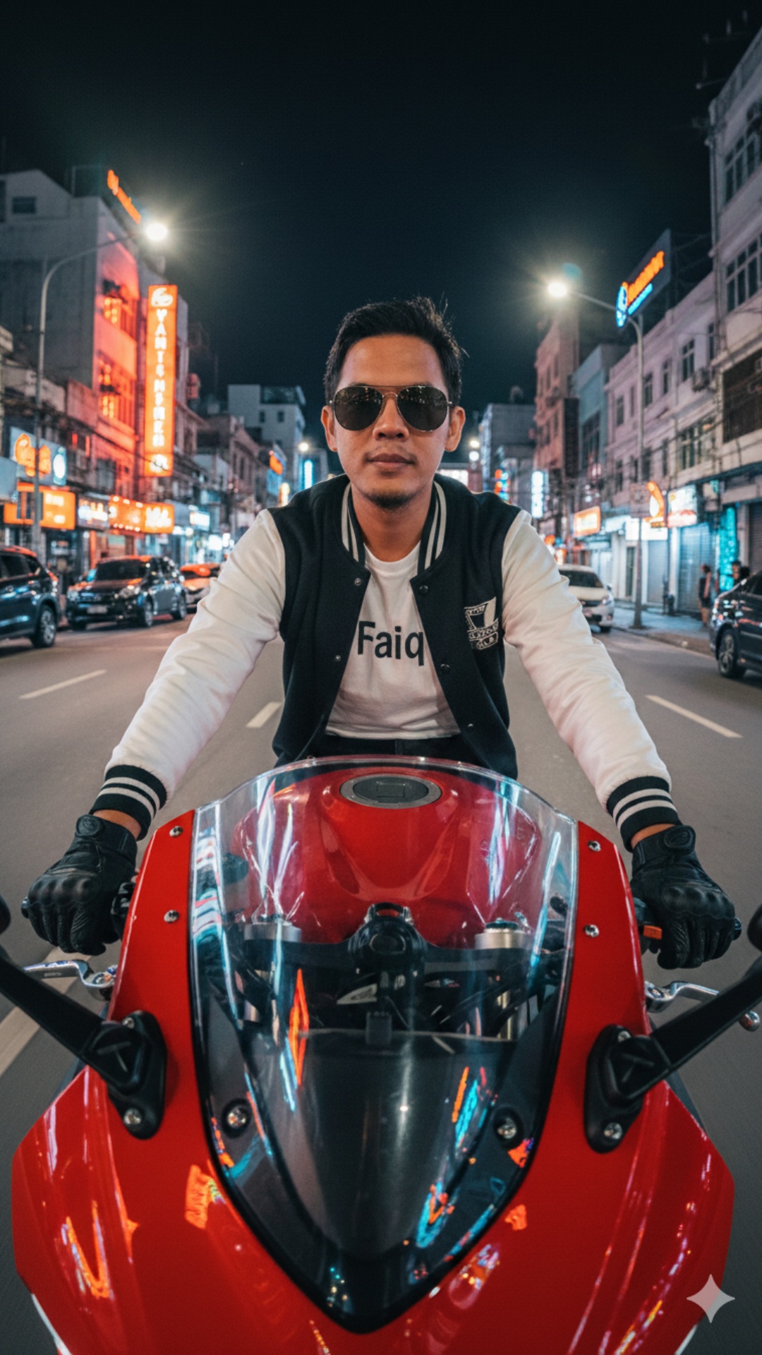 A cinematic 8-second video of a person riding a motorcycle at night, camera orbiting smoothly dar...