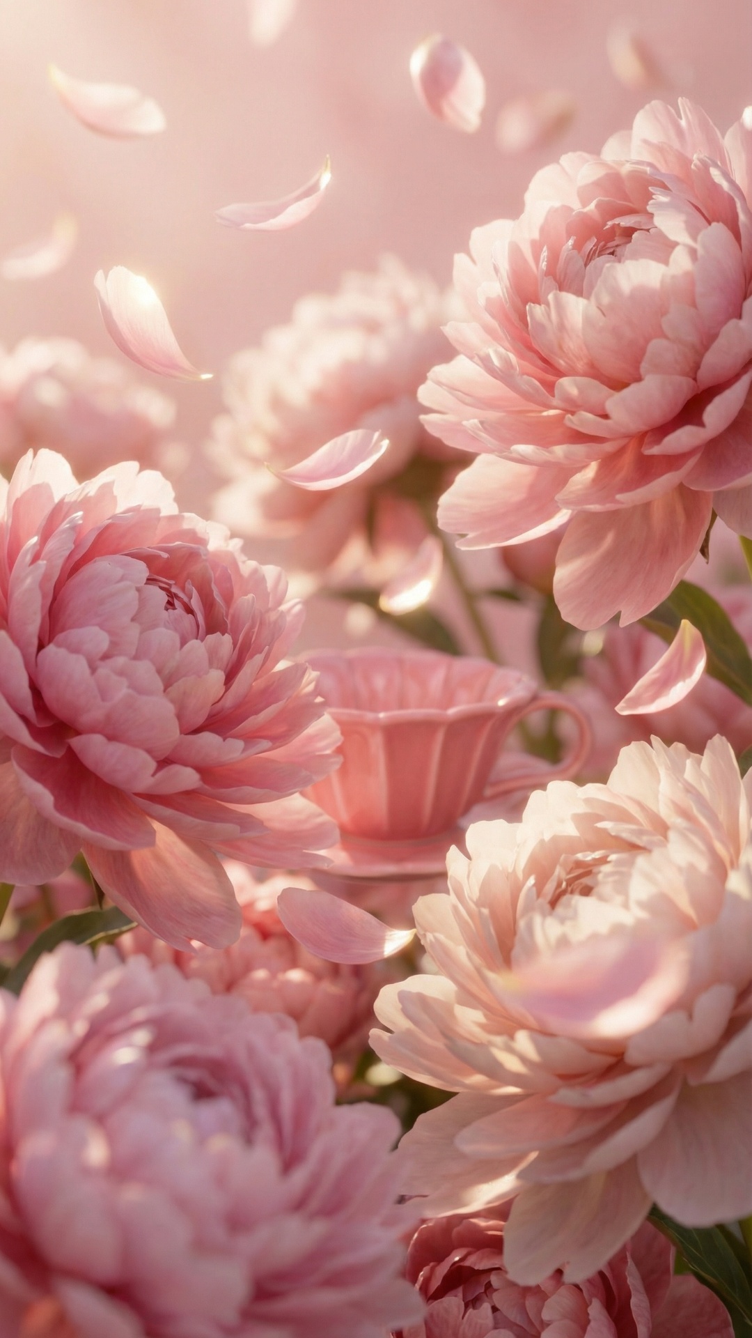 Cinematic dreamy scene filled with soft pink peonies. The flowers gently sway in a light breeze, ...